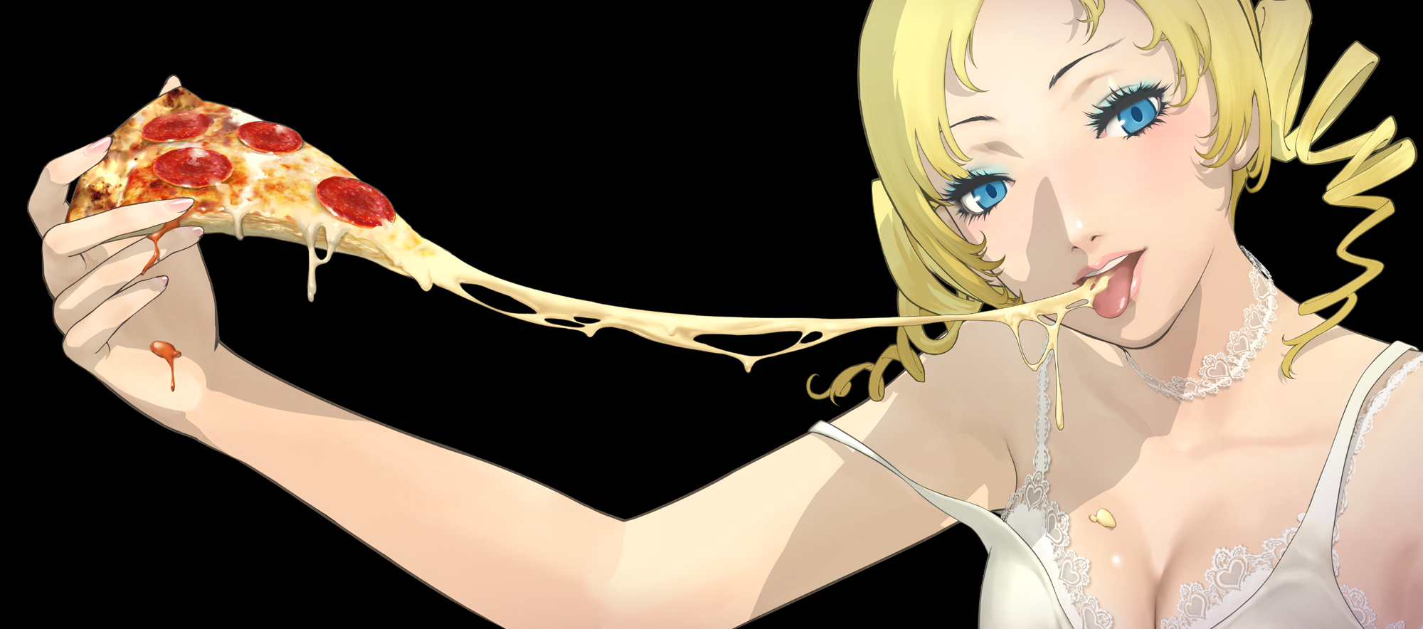 Anime 2000x884 Catherine blonde blue eyes bra cleavage food pizza twintails underwear anime girls eating tongue out anime cheese