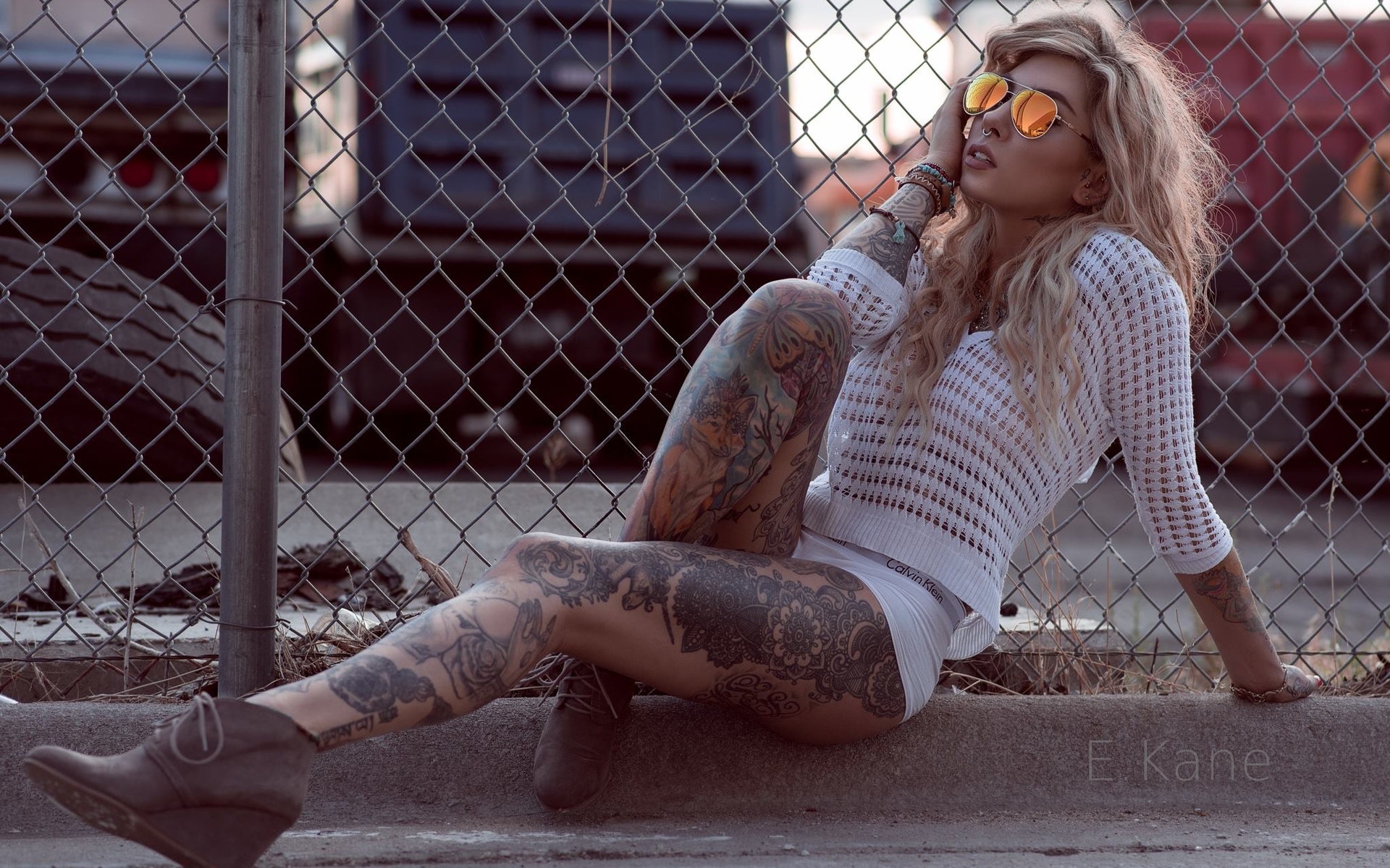 People 1920x1200 women model long hair blonde glasses women with glasses tattoo white clothing touching face touching glasses pierced septum septum ring see-through clothing panties white panties women outdoors sitting natural light bracelets earring jewelry skinny