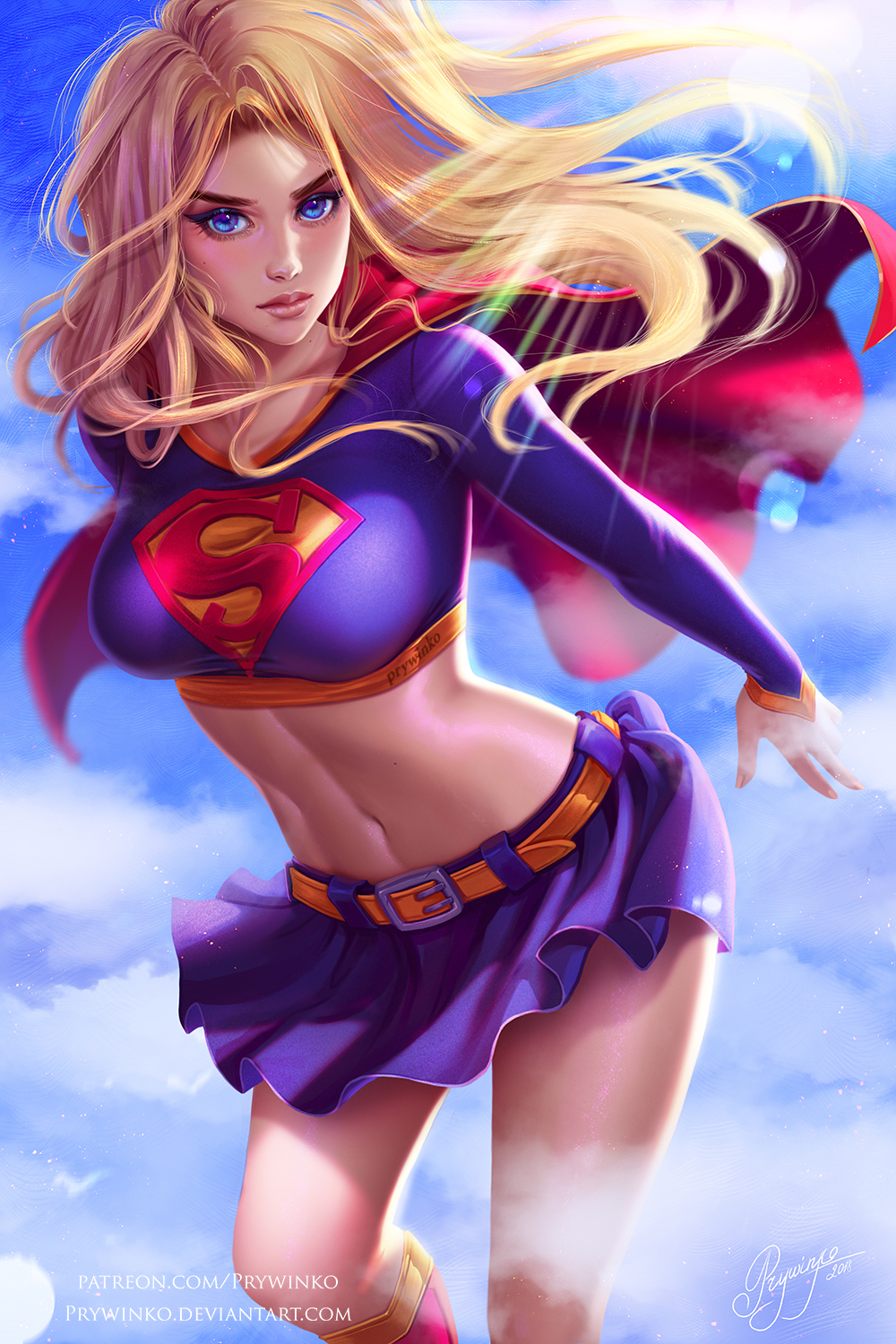 General 1000x1500 Prywinko drawing women Supergirl blonde long hair wind blue eyes blouses belly skirt belt flying knee-highs sky clouds digital art