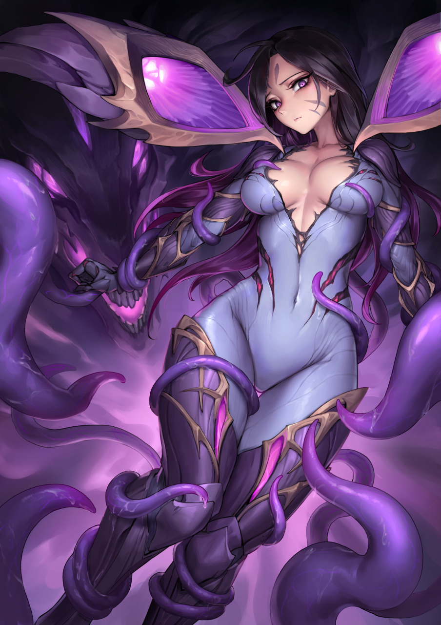 Anime 904x1280 women drawing dark hair face paint bodysuit cleavage armor creature purple tentacles