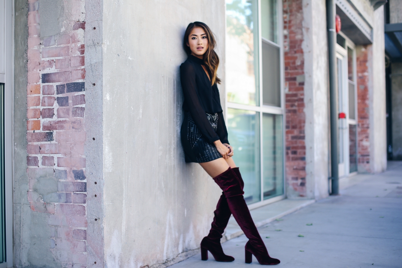 People 1280x853 women model Asian knee-high boots miniskirt street urban long hair brunette