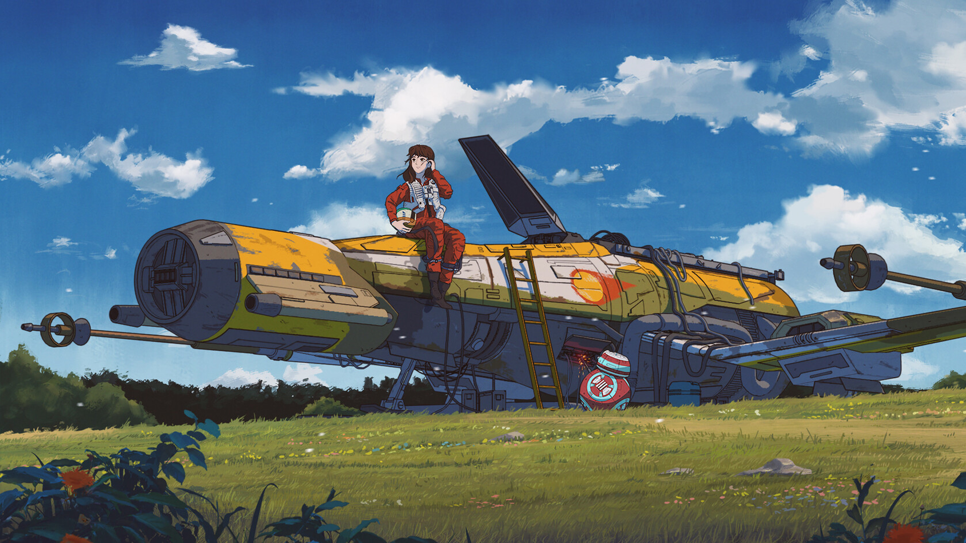 Anime 1920x1080 anime Star Wars BB-8 digital art artwork Star Wars Droids spaceship grass clouds anime girls original characters
