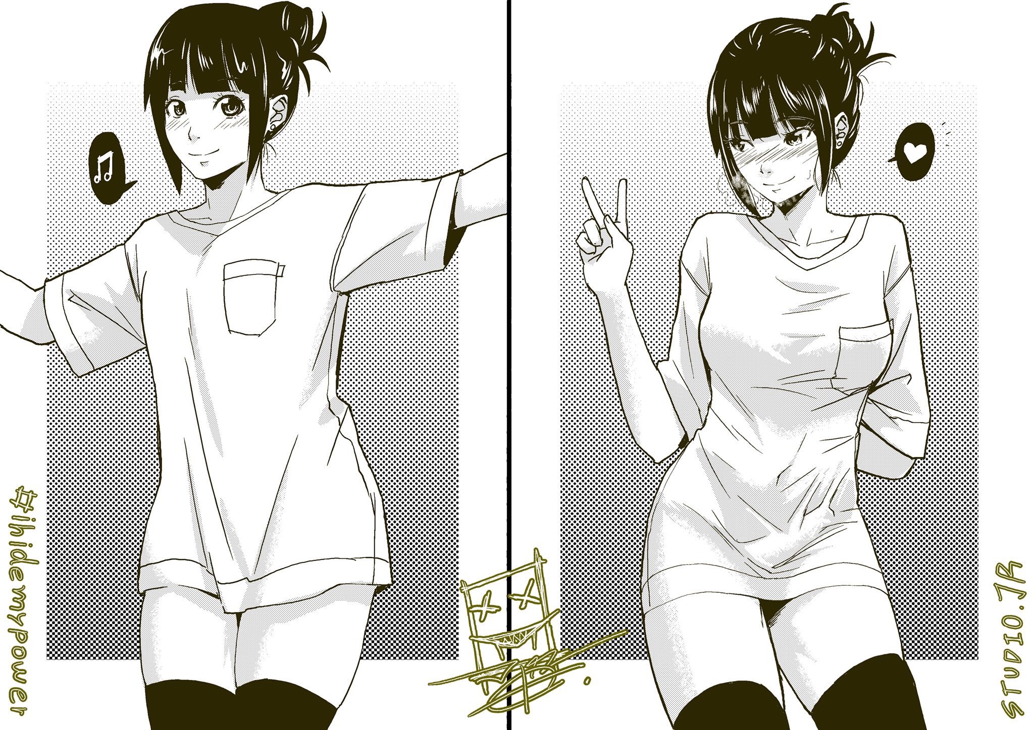 Anime 2048x1447 anime anime girls monochrome 2D artwork thighs black stockings white t-shirt peace sign embarrassed looking at viewer black hair long hair black eyes hashtags