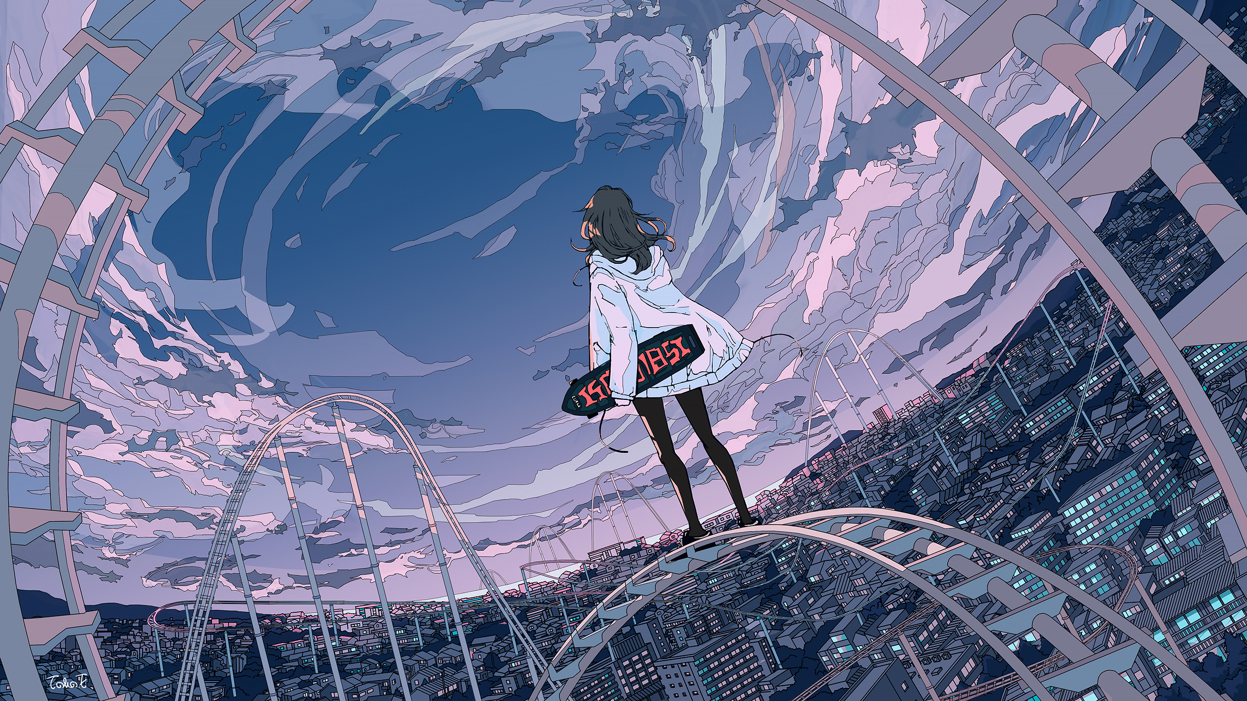 Anime 2500x1406 anime anime girls city clouds sky cityscape rollercoasters Seraphitalg