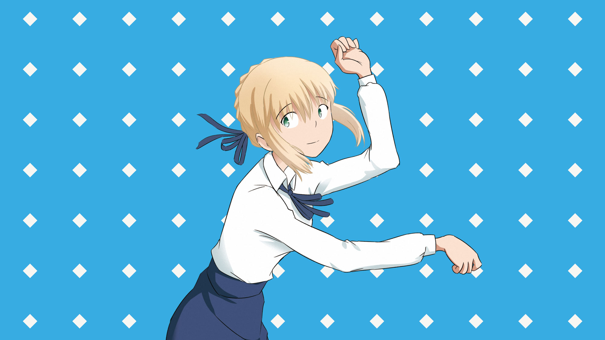 Anime 2000x1124 Fate series Fate/Stay Night Eizouken ni wa Te wo Dasu na! crossover anime girls dancing 2D small boobs blue ribbons parody Saber fan art green eyes anime blonde Artoria Pendragon