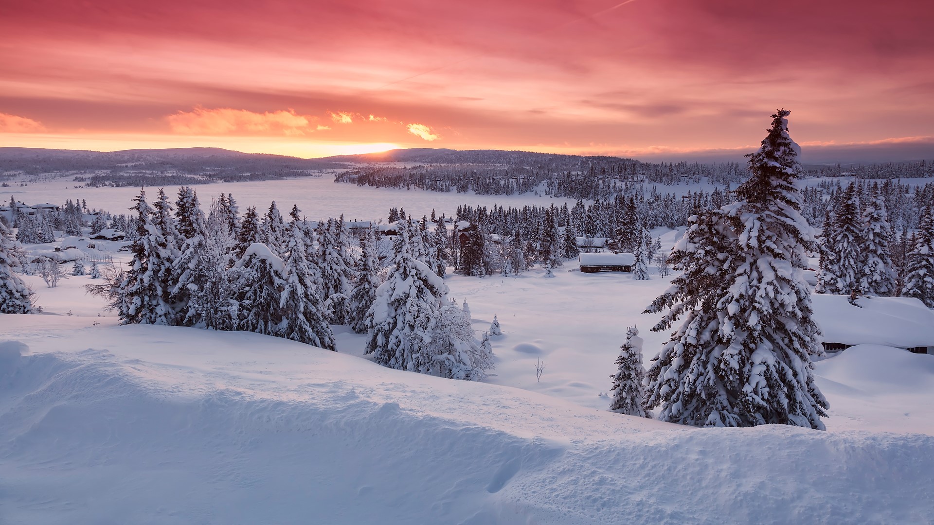 General 1920x1080 nature landscape snow sunset pink house mountains clouds hills Norway winter