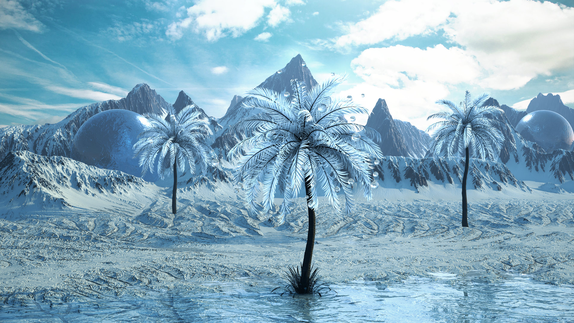 General 1920x1080 Cinema 4D landscape 3D Abstract digital art cyan ice frost snow mountains palm trees