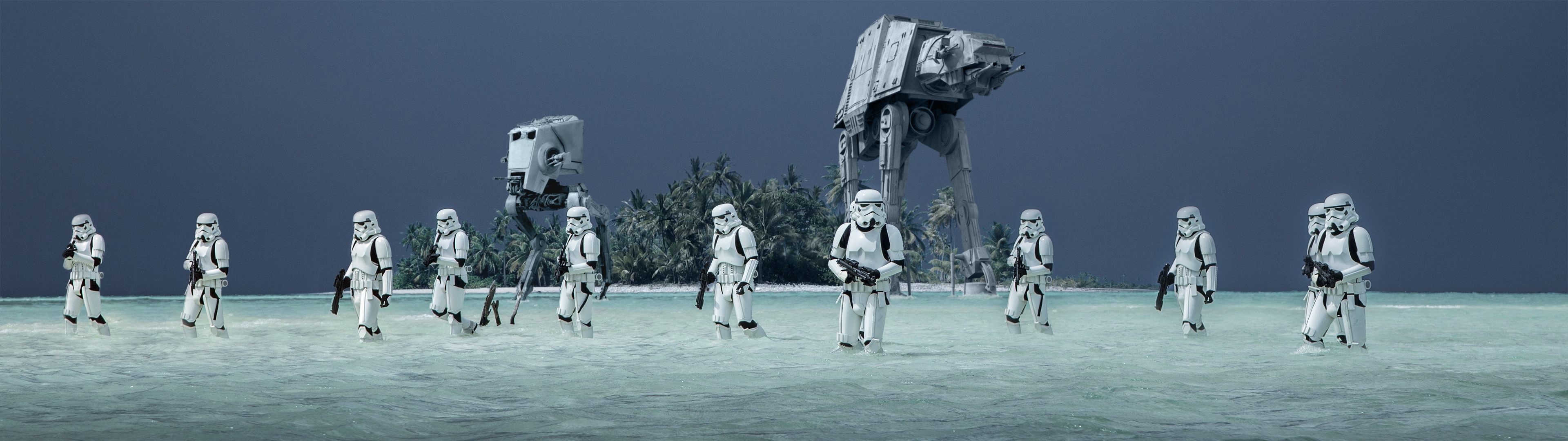 General 3840x1080 Star Wars Rogue One: A Star Wars Story stormtrooper AT-ST Walker AT-ST AT-AT beach water trees palm trees dual monitors Imperial Forces movies