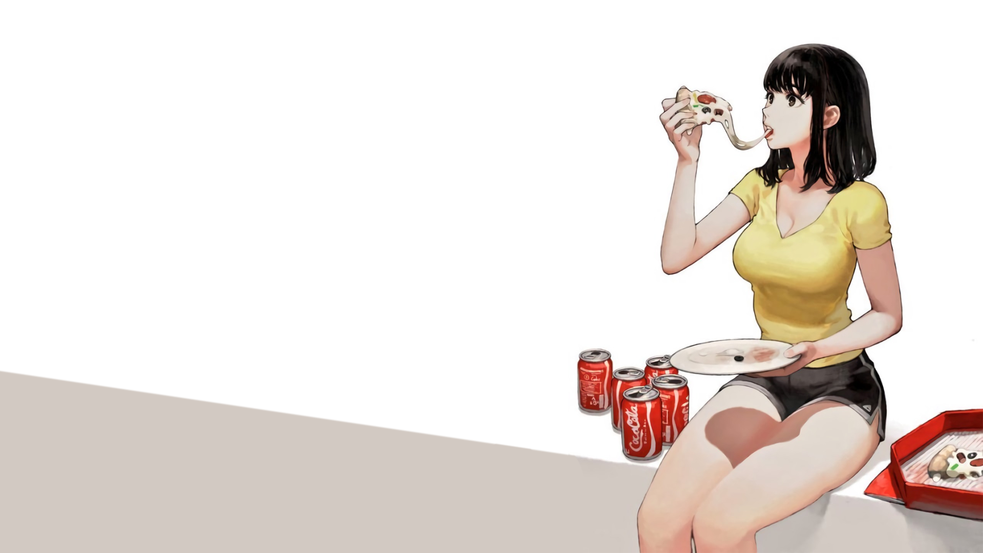 Anime 1920x1080 anime anime girls simple background Coca-Cola pizza anime girls eating brunette white background black eyes