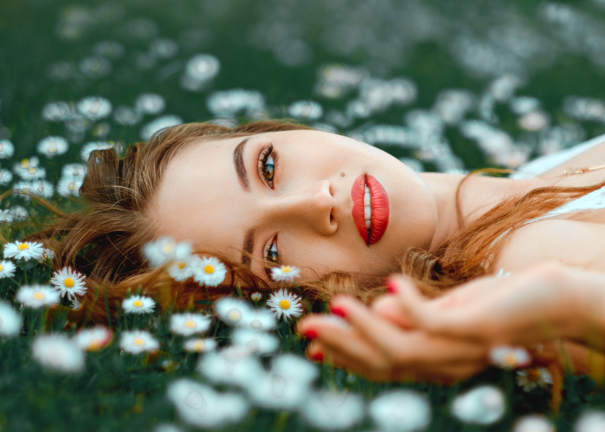 People 2048x1463 Saulius Kerikas women model portrait face red lipstick looking at viewer on the floor lying on back flowers women outdoors depth of field