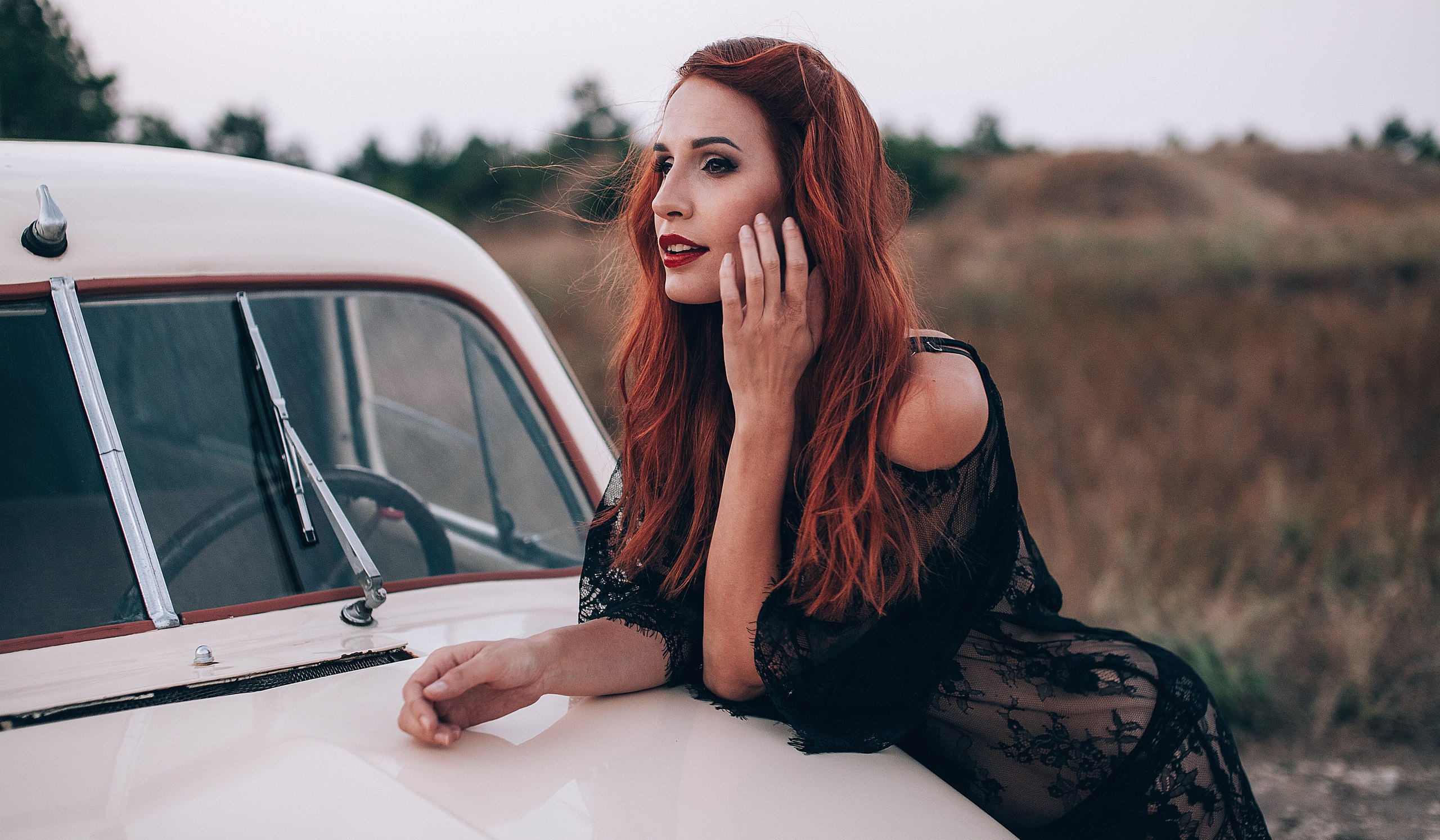 People 2560x1494 women model redhead red lipstick women with cars women outdoors lingerie black lingerie see-through clothing looking into the distance depth of field portrait car old car GAZ