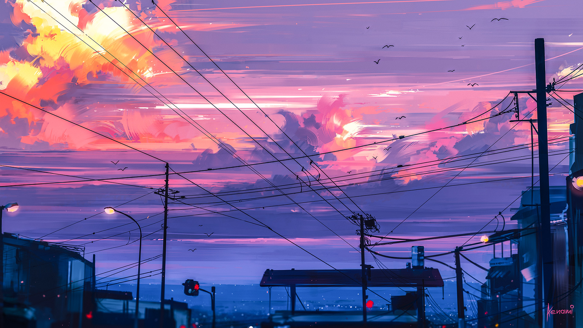 General 1920x1080 digital art illustration sunset city clouds artwork lines town painting street drawing Aenami