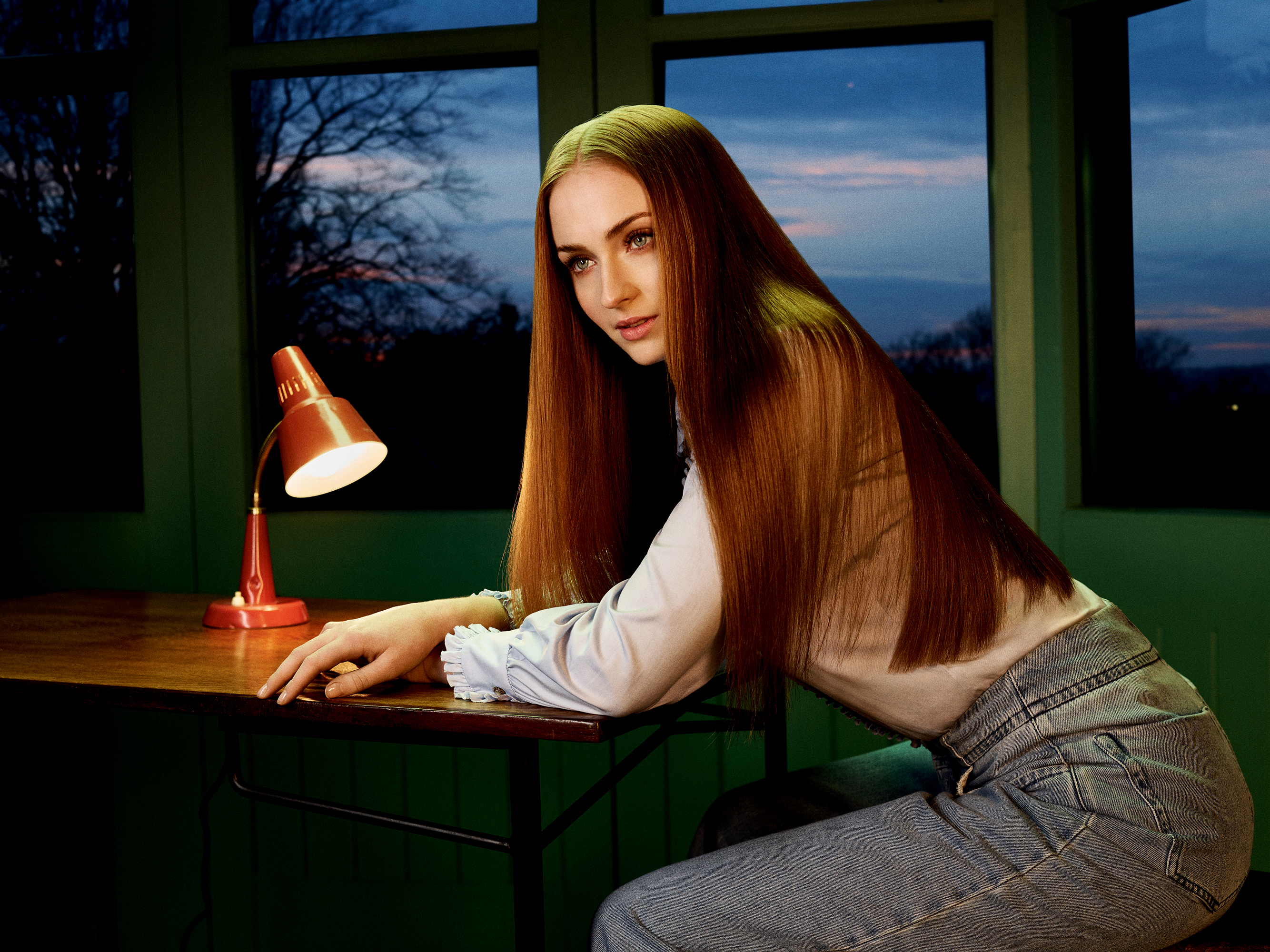 People 2668x2000 Sophie Turner actress redhead women looking into the distance straight hair long hair women indoors celebrity sitting