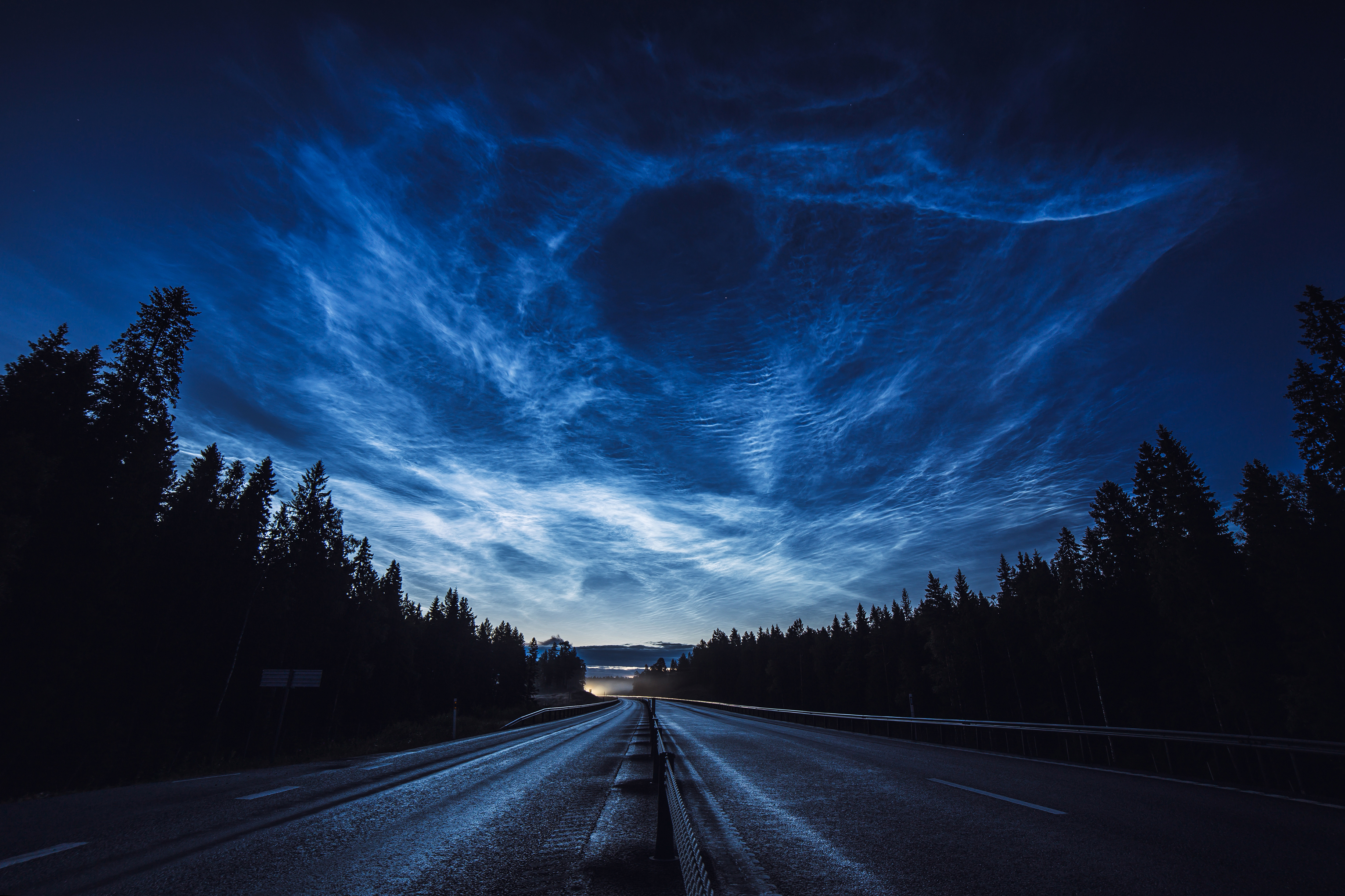 General 3661x2441 nature landscape long exposure night trees forest clouds road frost mist Sweden blue
