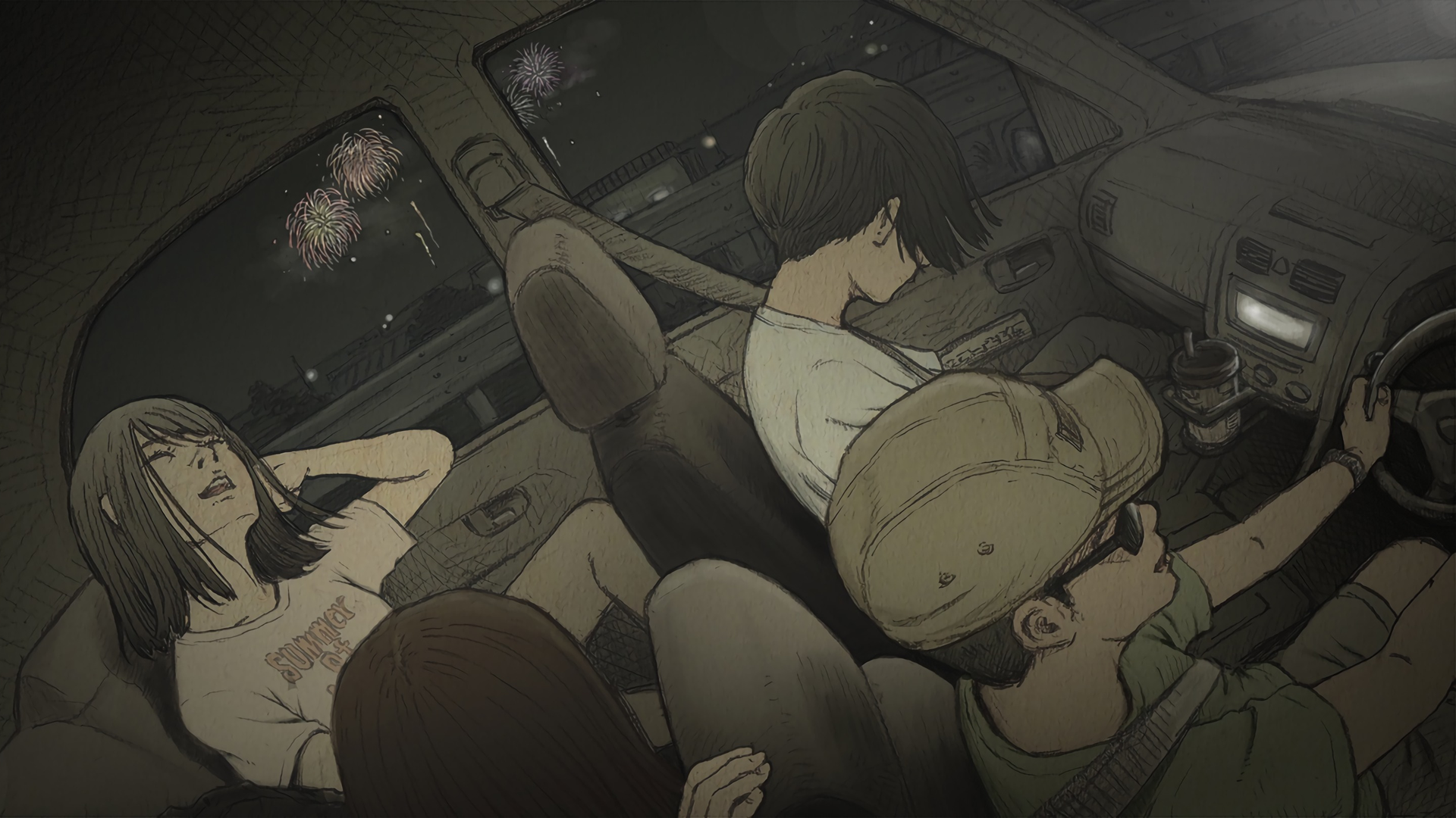Anime 1920x1080 manga fireworks car interior brown sleeping driving