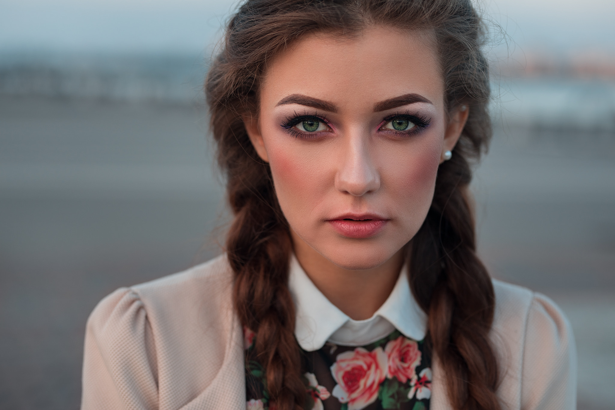 People 2048x1365 women twintails makeup face portrait green eyes braids Dmitry Shulgin Diana (model) brunette closeup