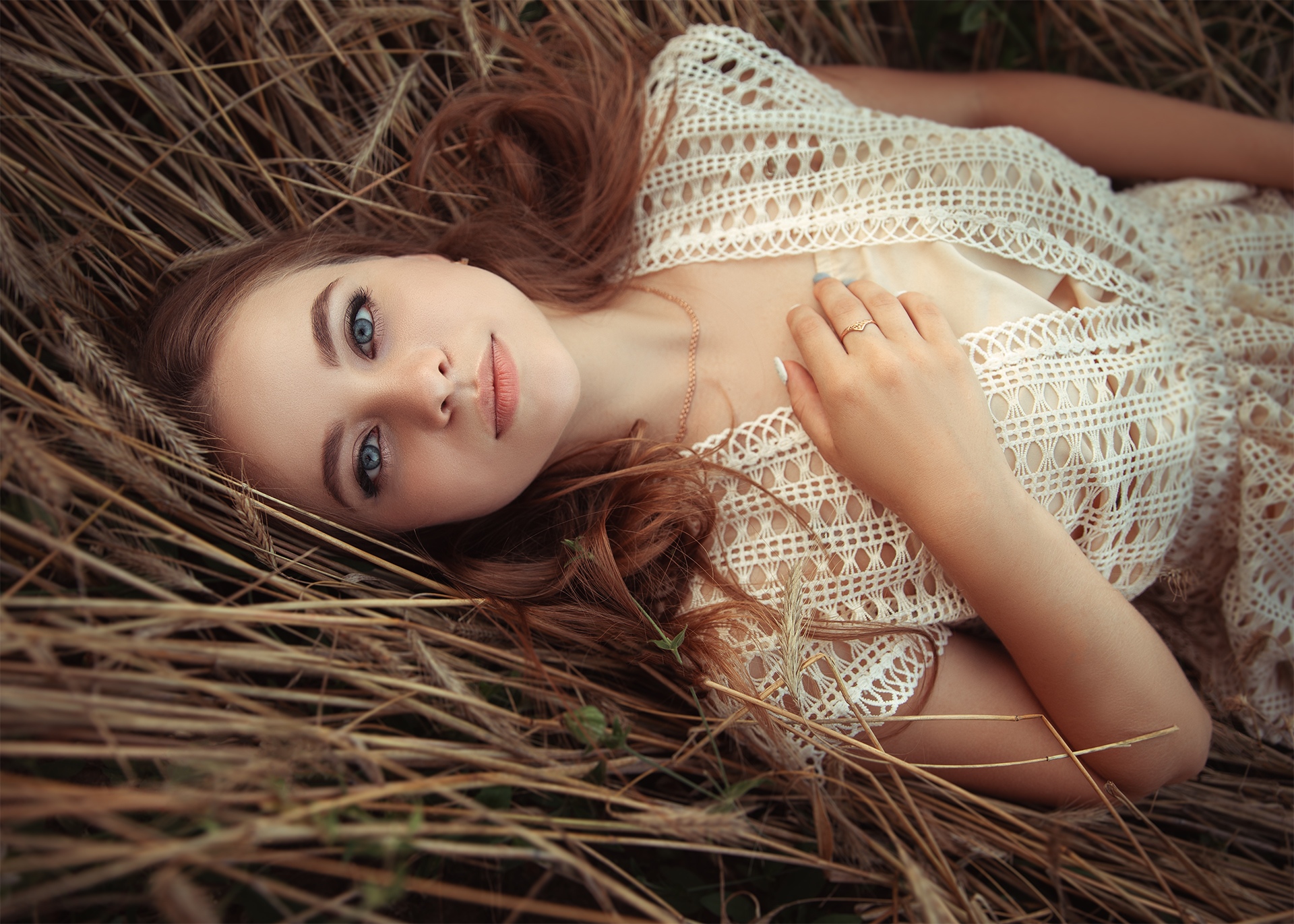 People 1920x1371 women model looking at viewer gray eyes painted nails lying on back dry grass portrait women outdoors closed mouth lying down grain Caucasian dress makeup brunette
