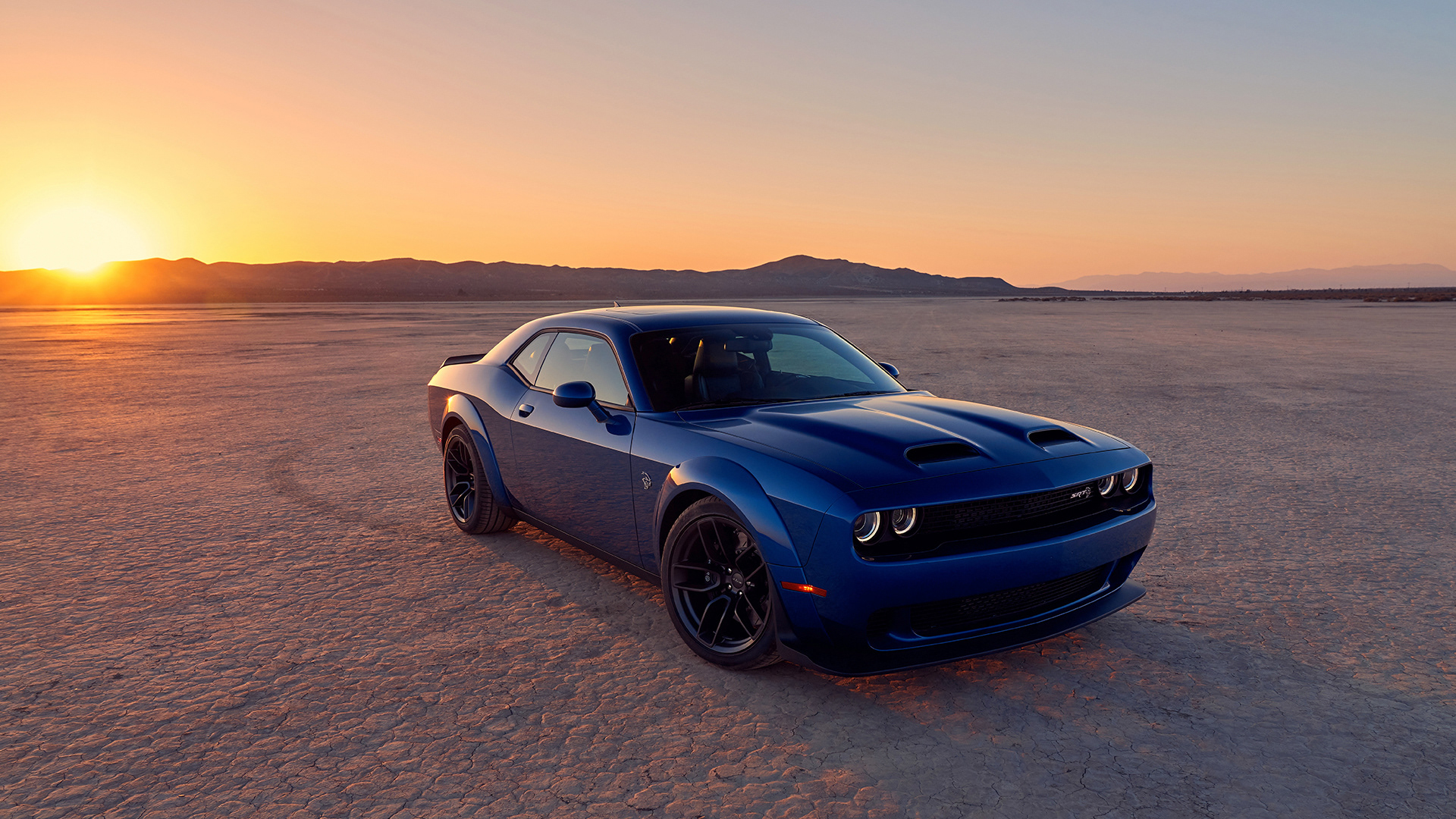 General 1920x1080 car Dodge Dodge Challenger blue cars desert sunset frontal view sunlight outdoors vehicle muscle cars American cars Stellantis