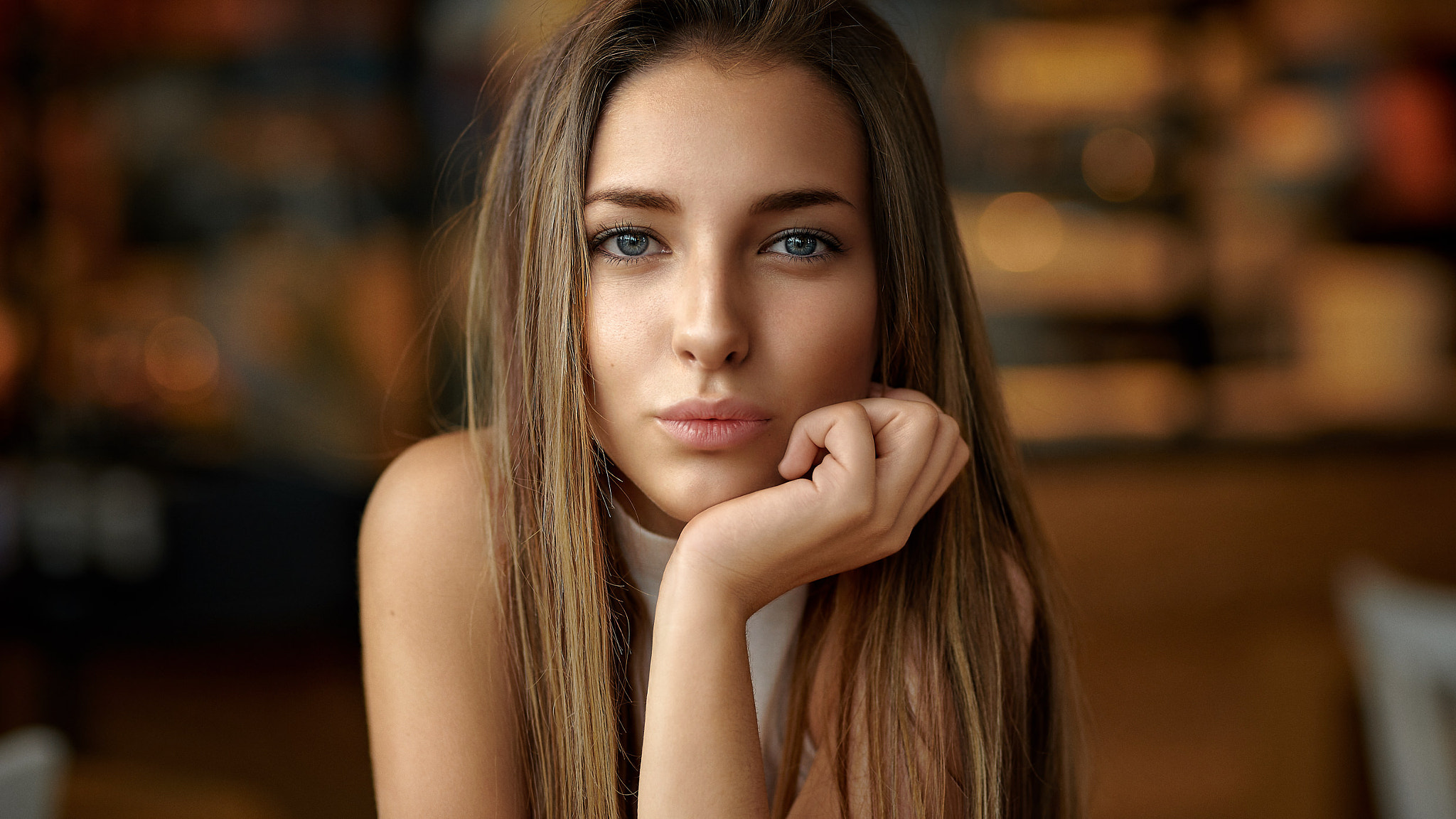 People 2048x1152 blonde gray eyes touching face long hair straight hair bare shoulders model looking at viewer Alex Fetter women blue eyes portrait