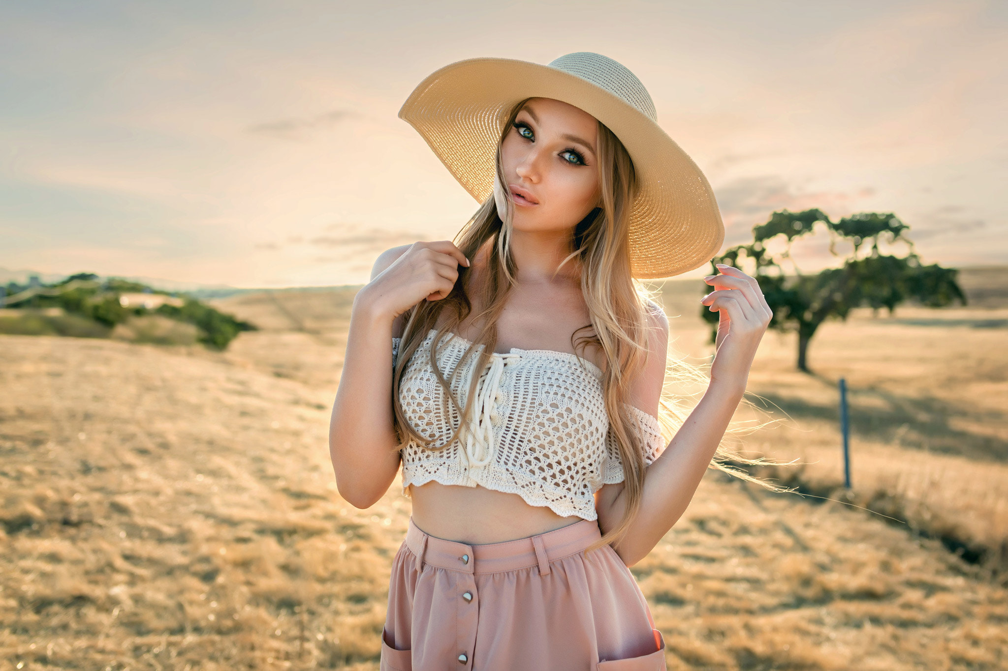 People 2048x1365 women blonde hat women outdoors crop top see-through clothing eyeliner straw hat long hair short tops women with hats skinny pink skirt arms up lace up top young women