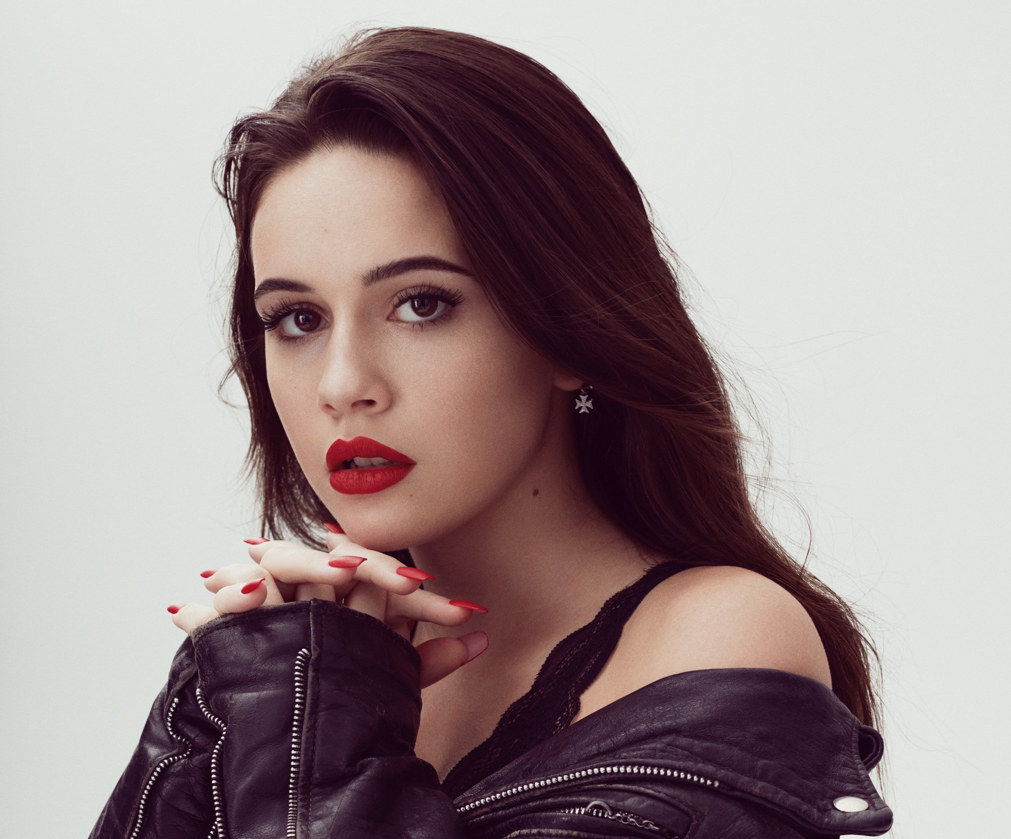 People 2048x1699 Bea Miller women singer actress face red lipstick painted nails simple background white background red nails leather jacket closeup black jackets jacket
