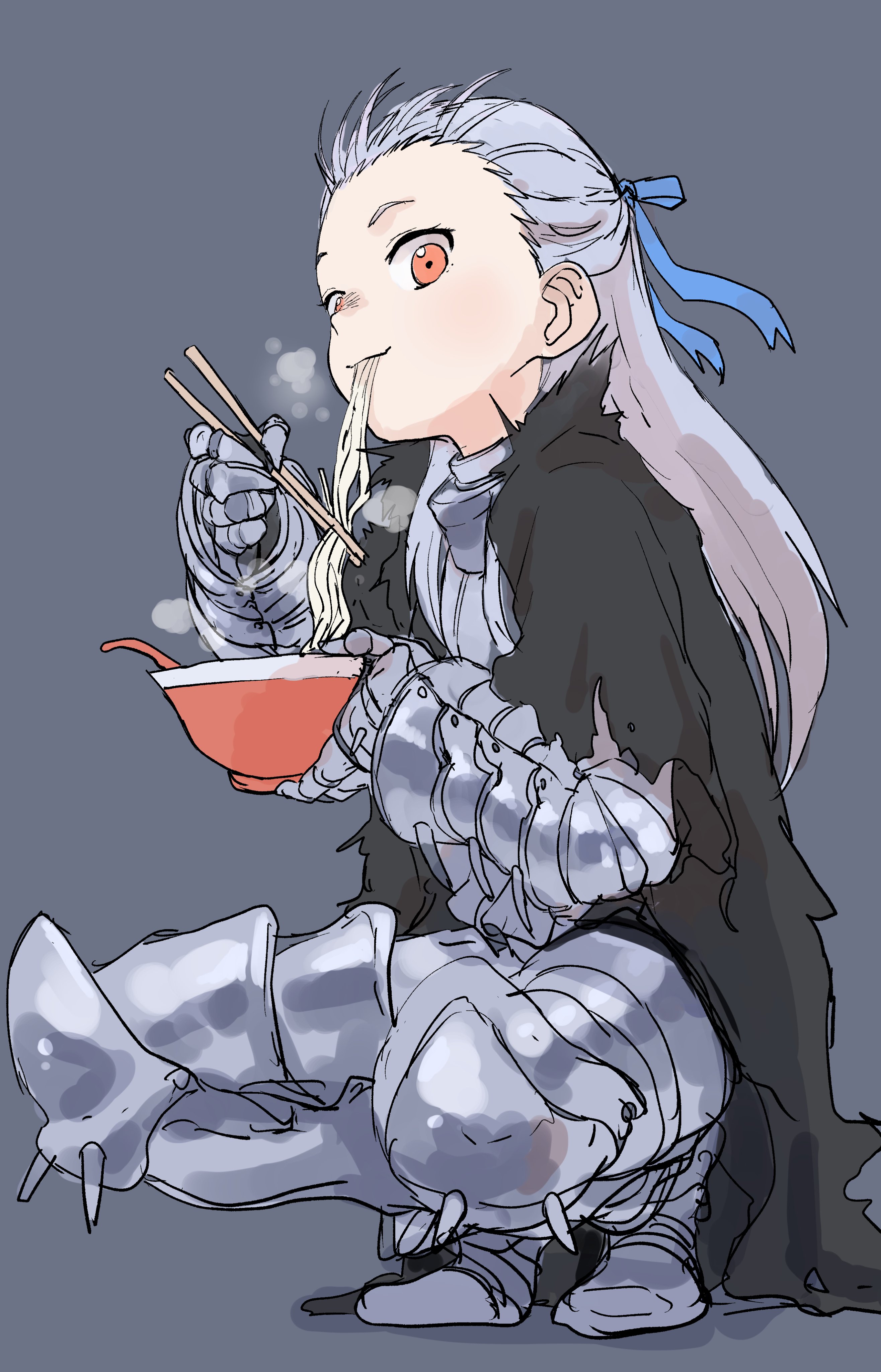 Anime 2632x4096 Dorohedoro anime girls anime girls eating ramen long hair gray hair armor female warrior 2D small boobs Noi (Dorohedoro) fantasy armor blue ribbons simple background looking at viewer red eyes portrait display fan art
