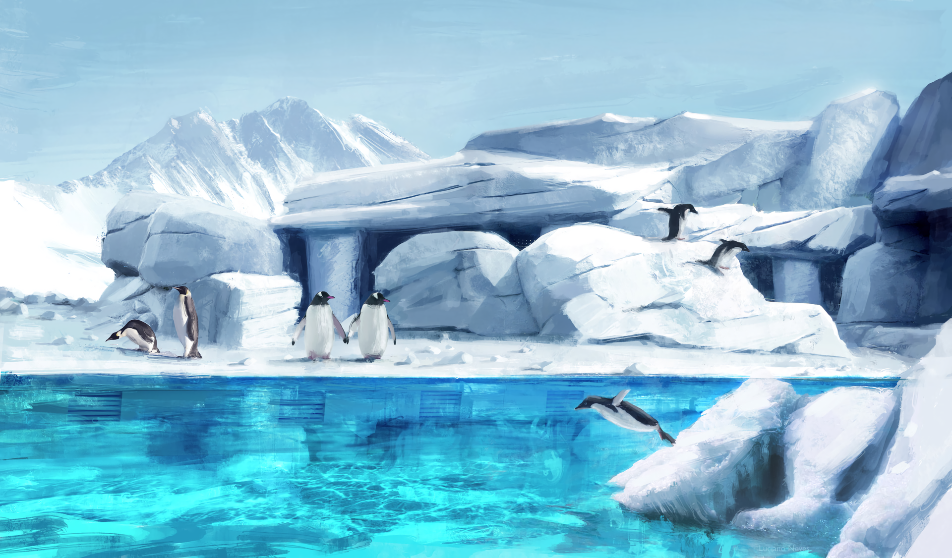 General 1920x1126 penguins animals ice pond mountains artwork digital art illustration Luciano Neves cyan