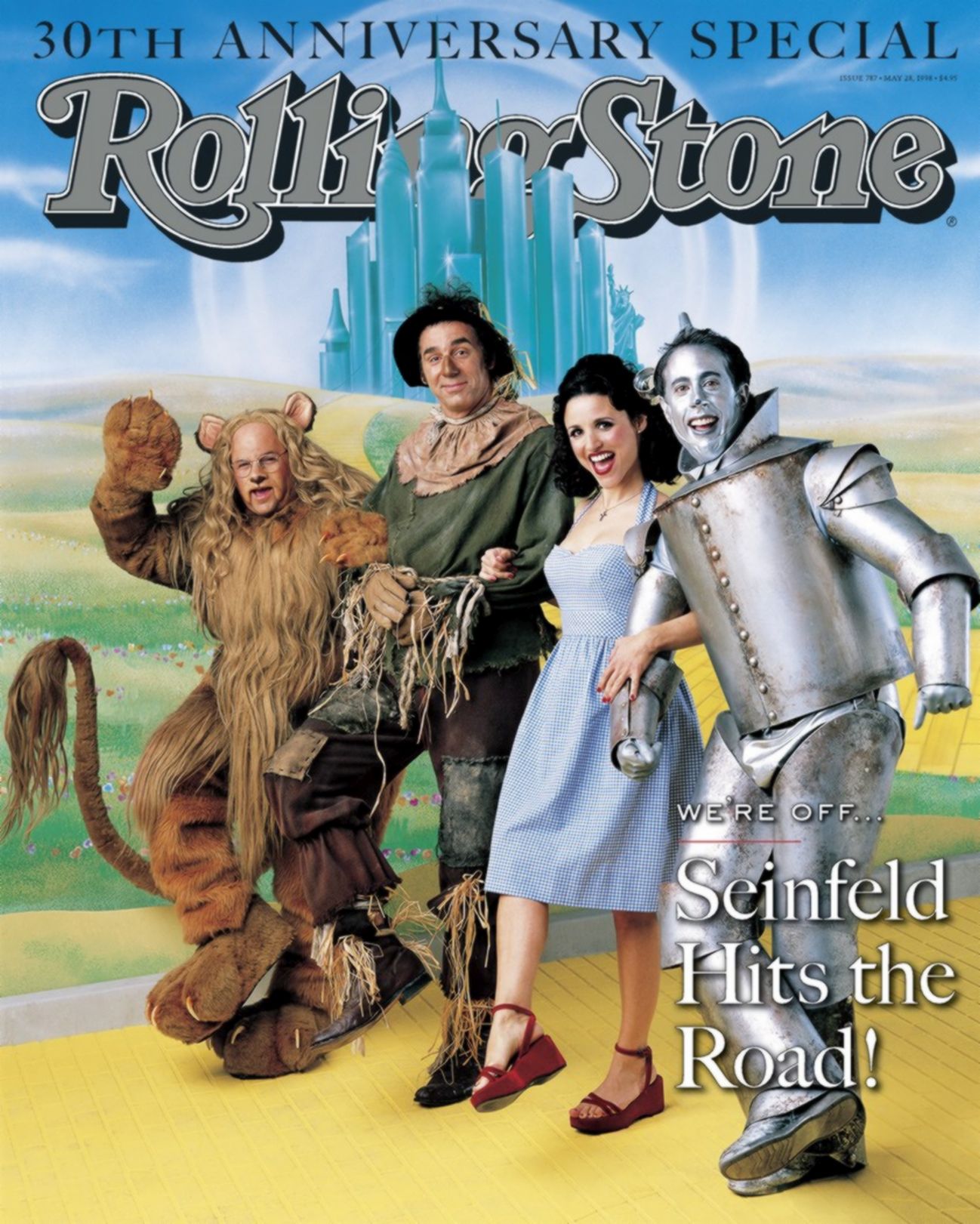 People 1298x1621 Seinfeld magazine cover The Wizard of Oz Statue of Liberty Julia-Louis Dreyfus looking at viewer Tin Man Scarecrow (character) open mouth smiling crucifix red lipstick glasses gloves red shoes TV series
