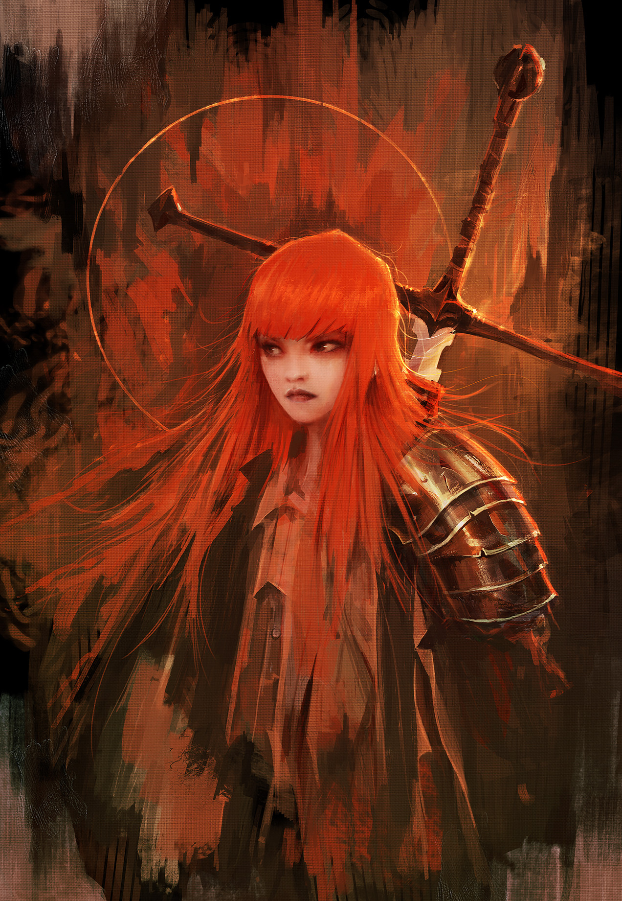 General 1272x1841 Alexandre Chaudret women armor clothes sword long hair redhead tie red painting Blood moon
