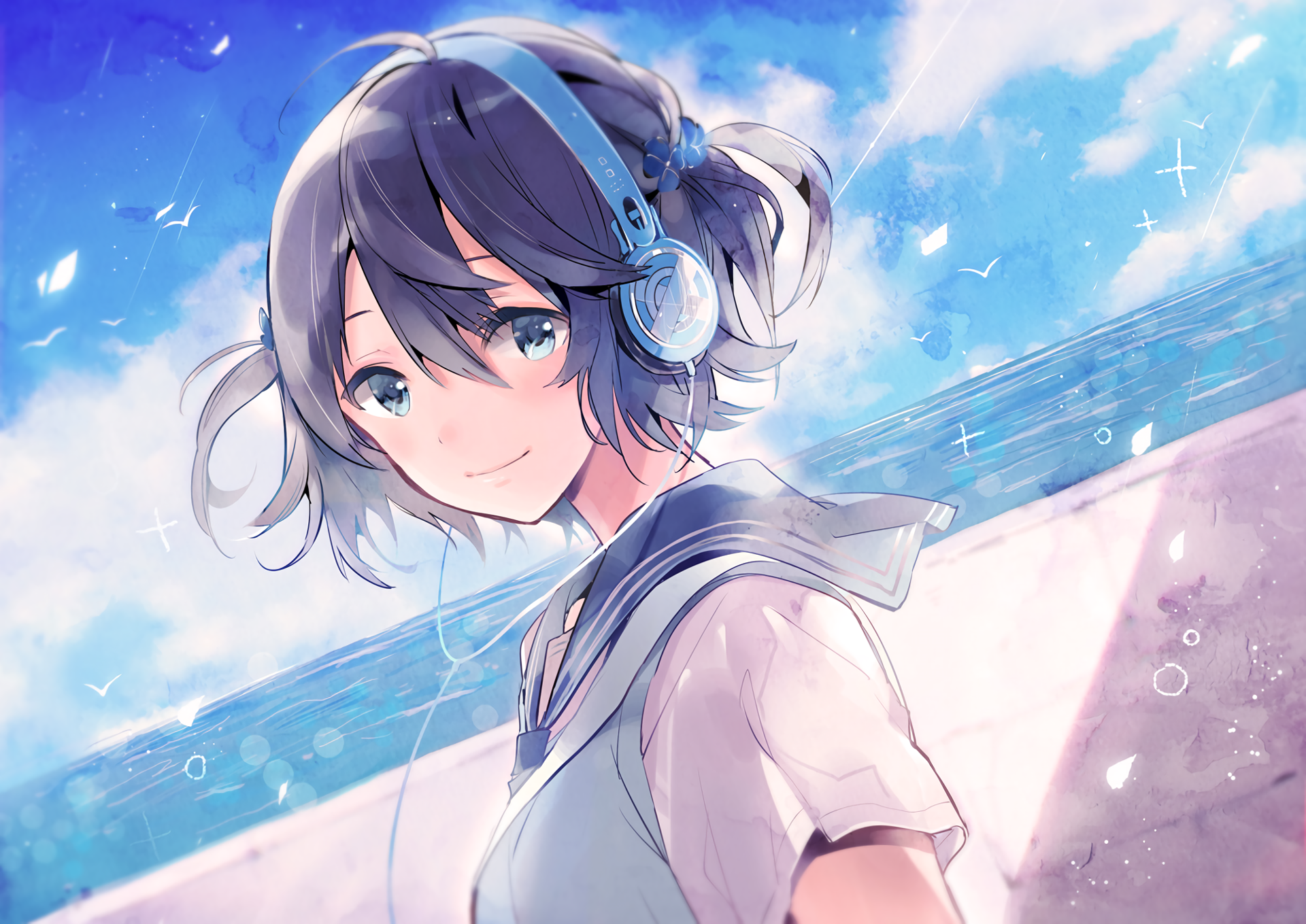 Anime 1920x1359 anime anime girls headphones smiling blue eyes purple hair school uniform Horiizumi Inko