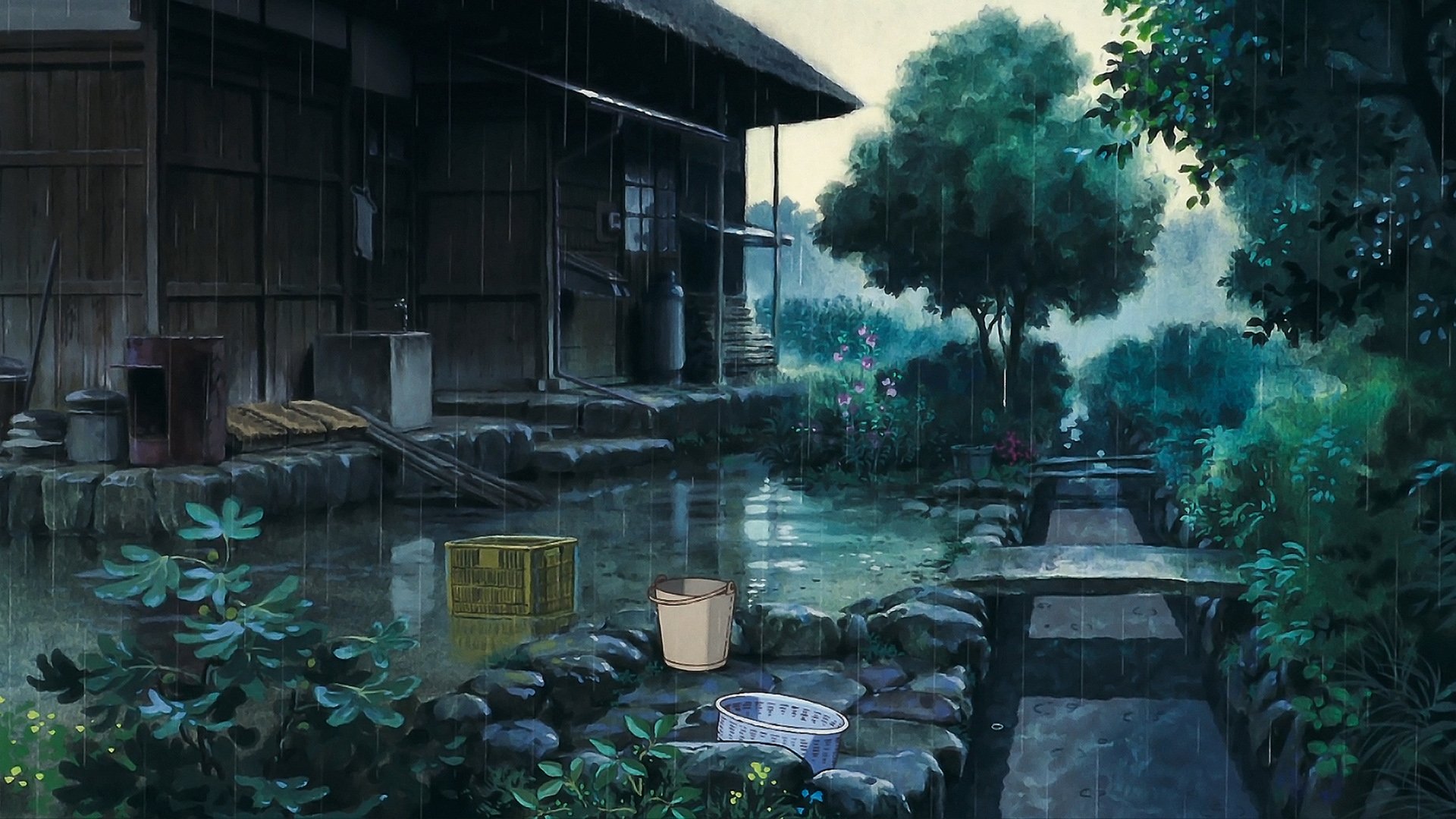 rain, trees, bucket, anime, house, outdoors, My Neighbor Totoro