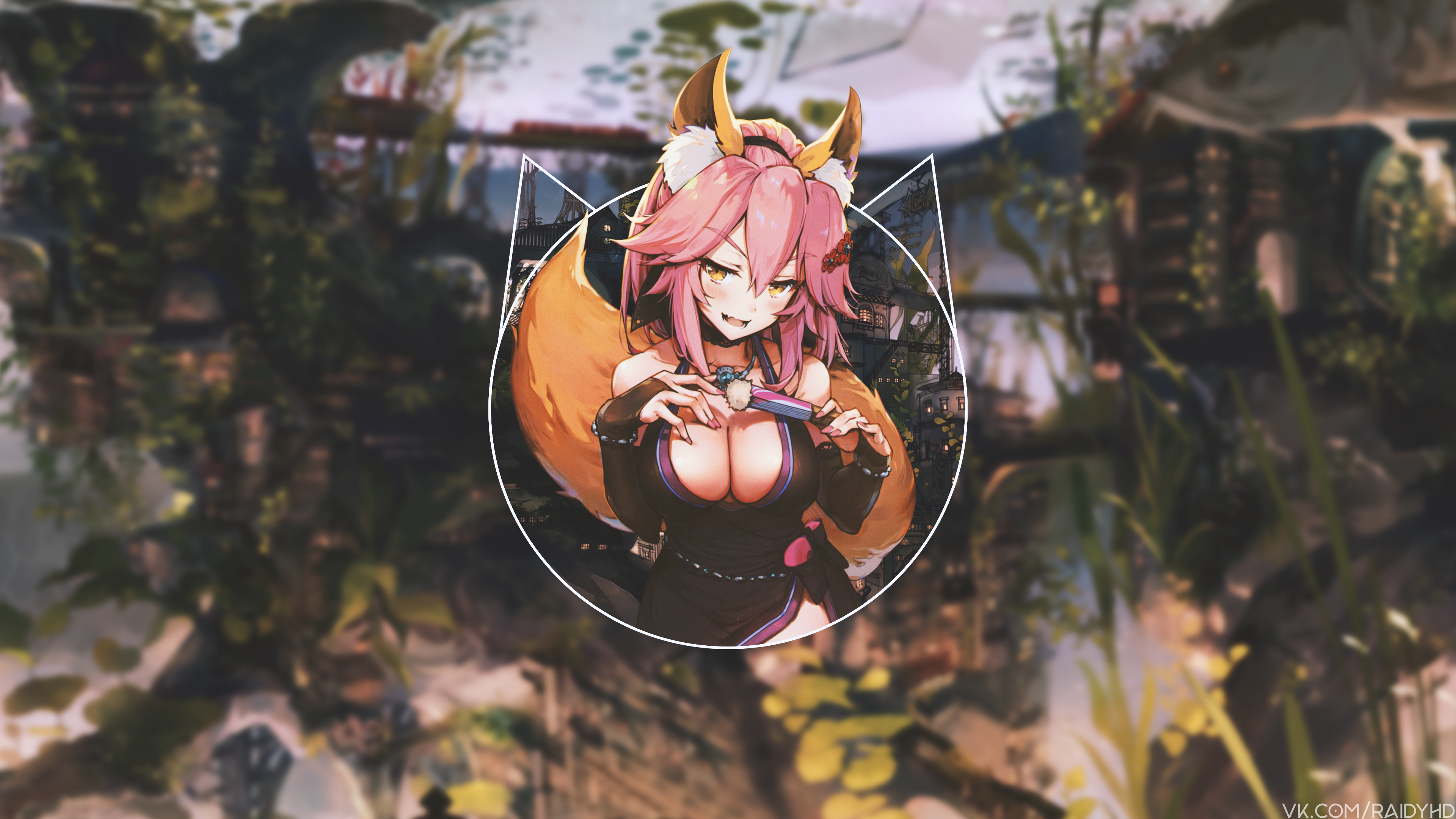 Anime 3840x2160 anime anime girls picture-in-picture Tamamo no Mae (fate/grand order) Fate/Grand Order pink hair boobs cleavage animal ears yellow eyes
