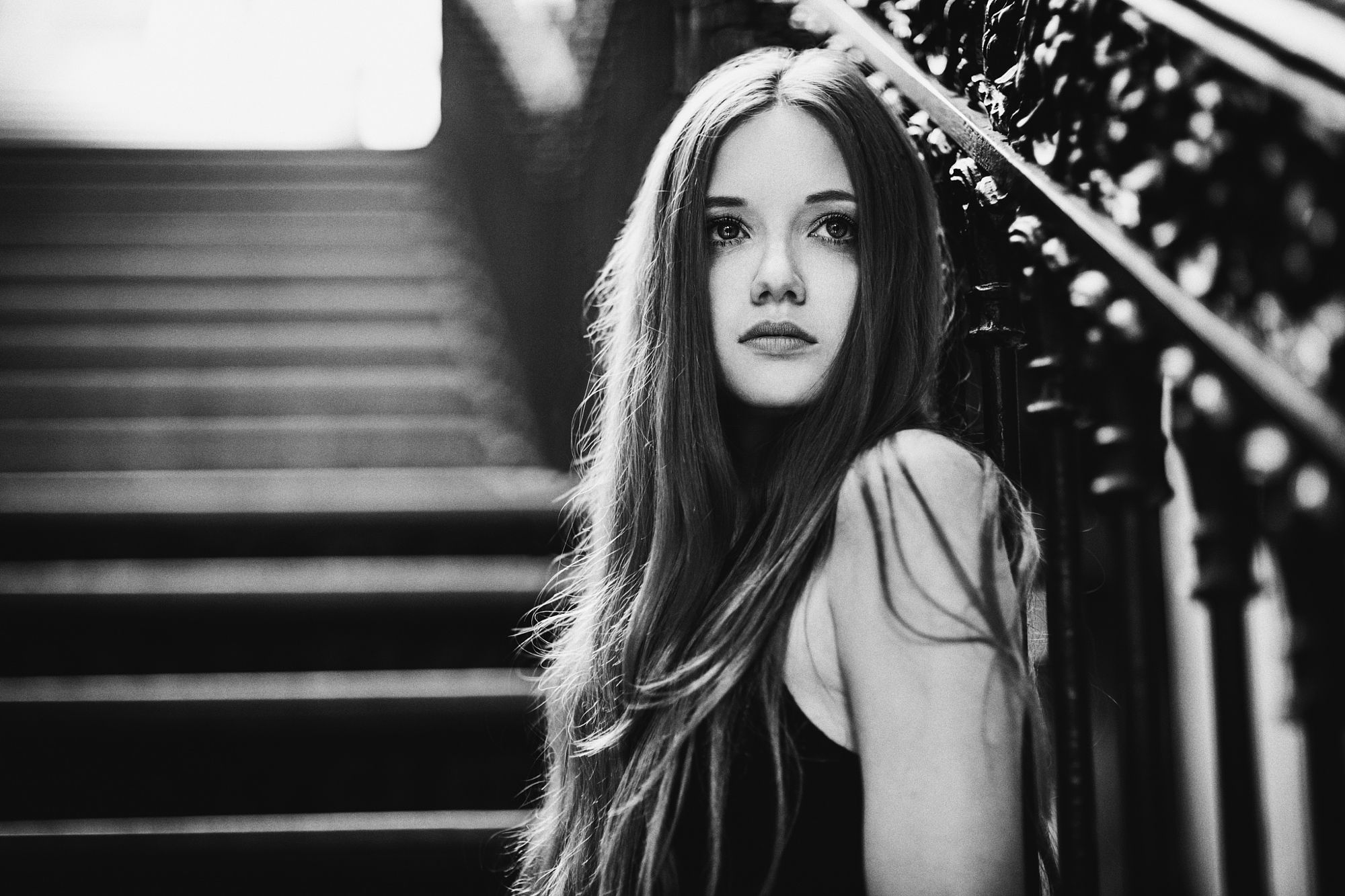 People 2000x1333 women monochrome long hair looking into the distance dark hair Samuel Bouget women outdoors portrait model looking away stairs face