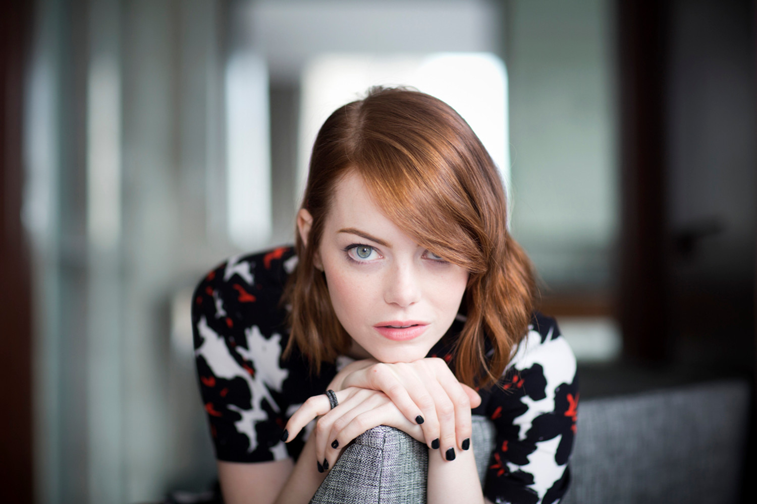 People 1500x1000 Emma Stone redhead actress women blue eyes painted nails women indoors looking at viewer portrait pale