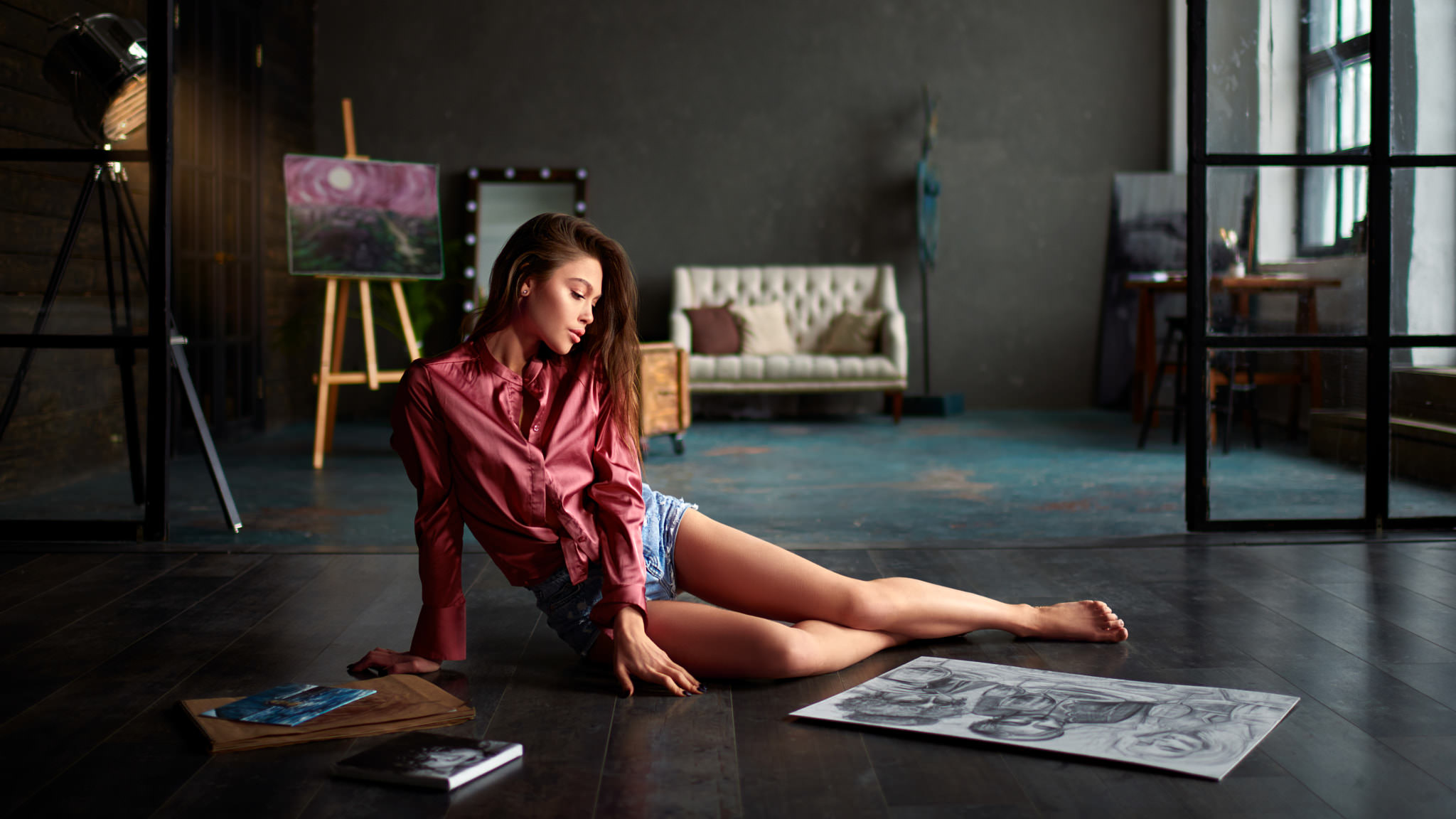 People 2048x1152 women jean shorts easel sitting on the floor painting shirt painted nails barefoot brunette