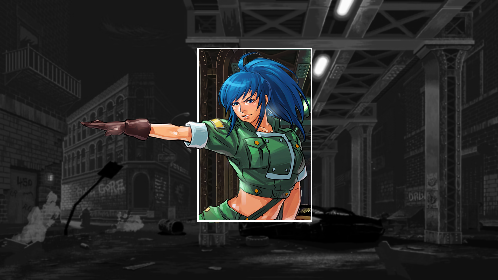 Anime 1920x1080 King of Fighters Leona Heidern video games fighting games picture-in-picture SNK blue hair video game girls video game characters video game warriors bare midriff blue eyes