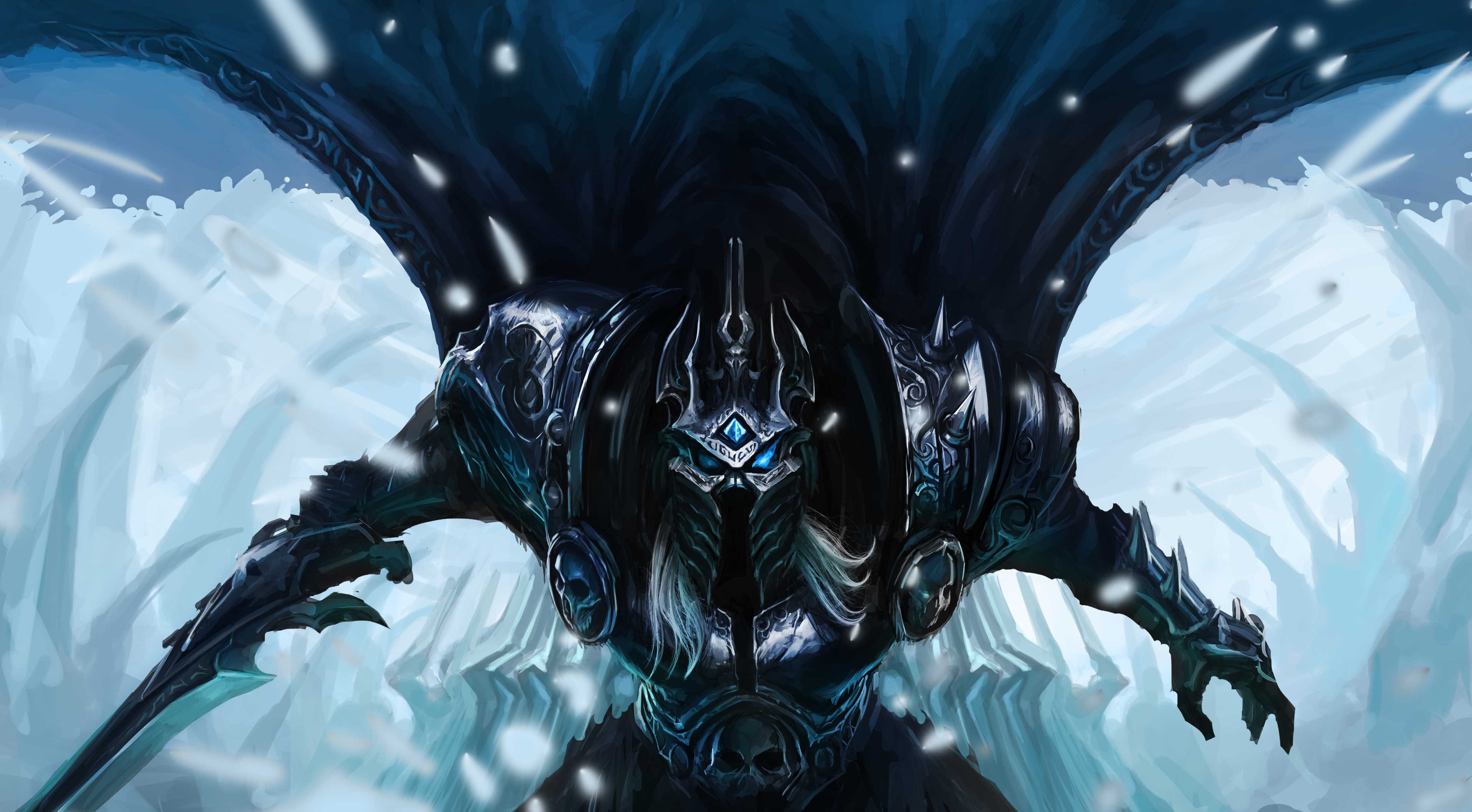 General 4167x2300 Chenbo fantasy art Lich King Warcraft World of Warcraft weapon armor sword blue eyes glowing eyes snow white hair long hair helmet crown cape Arthas Menethil