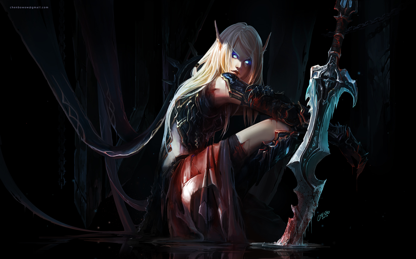 General 1400x872 Chenbo fantasy art fantasy girl armor Warcraft World of Warcraft blood elves Death Knight weapon long hair pointy ears blonde blue eyes blood scars sword squatting chains