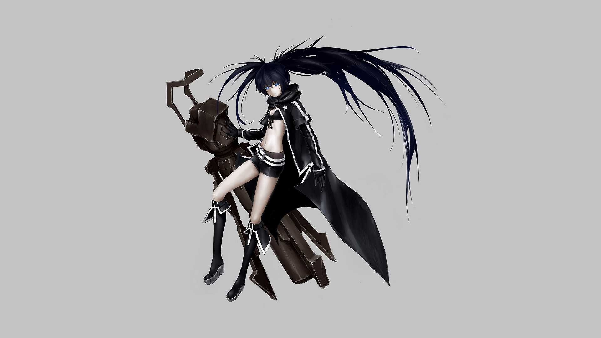 Anime 1920x1080 simple background anime girls weapon Black Rock Shooter long hair shorts boots