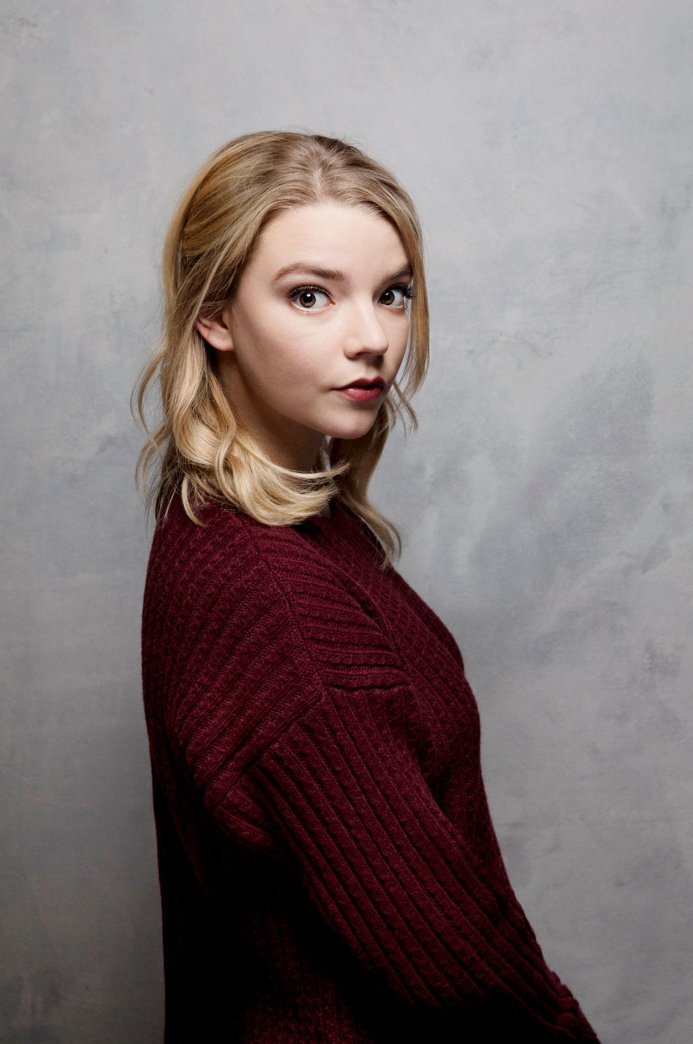 People 1359x2048 Anya Taylor-Joy  women actress blonde sweater simple background looking at viewer portrait