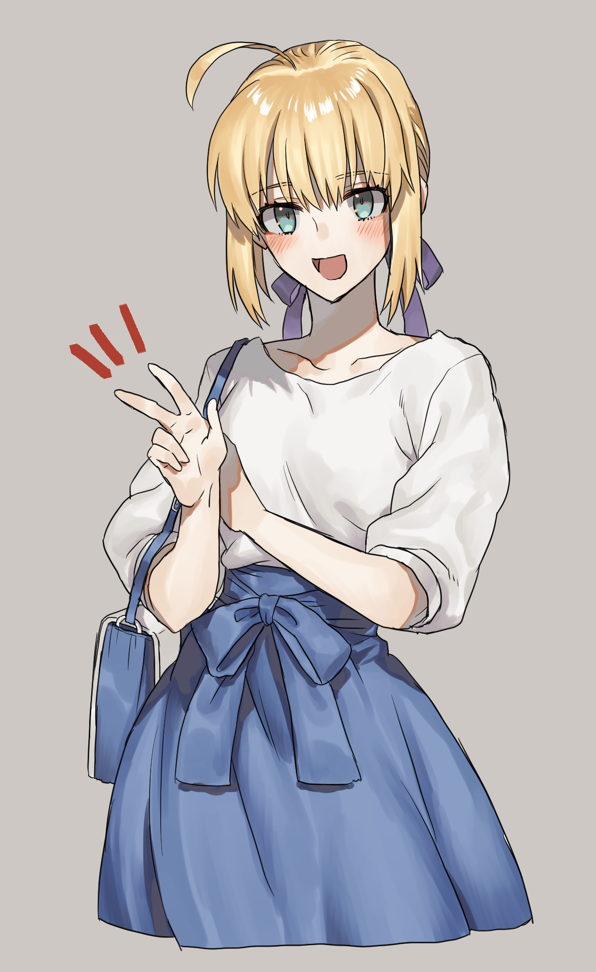 Anime 1183x1927 Fate series Fate/Stay Night anime girls small boobs ahoge blue skirt blue ribbons 2D open mouth peace sign Saber curvy green eyes simple background looking at viewer fan art blonde blushing Artoria Pendragon