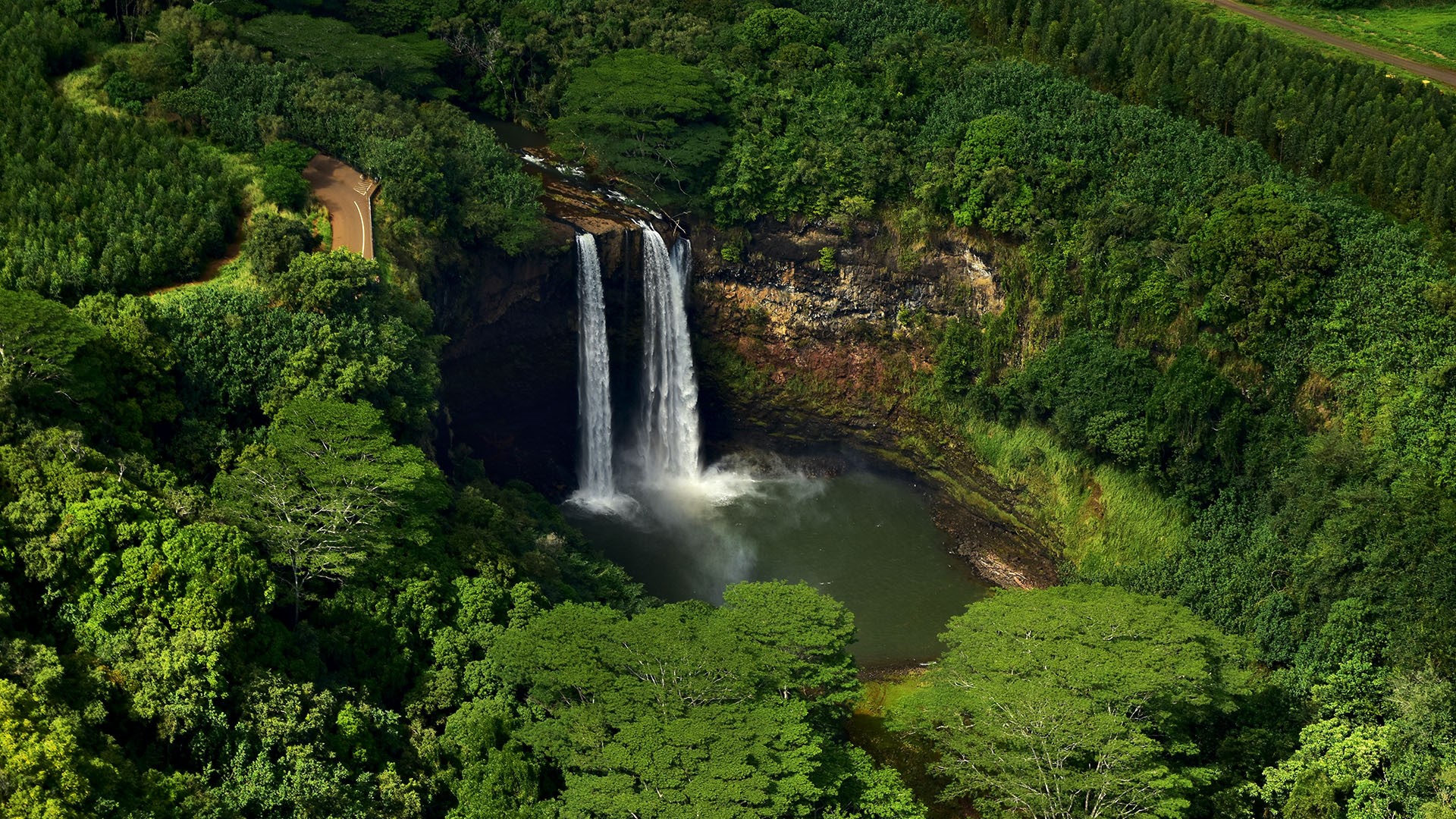 General 1920x1080 nature landscape trees forest water waterfall aerial view tropical Hawaii Kauai USA