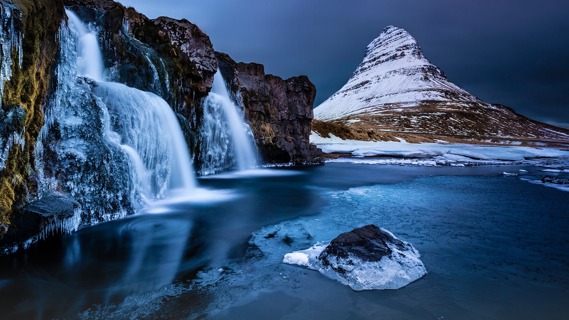 General 1920x1080 nature landscape snowy mountain waterfall lake long exposure Iceland Kirkjufell mountains water snow ice sky