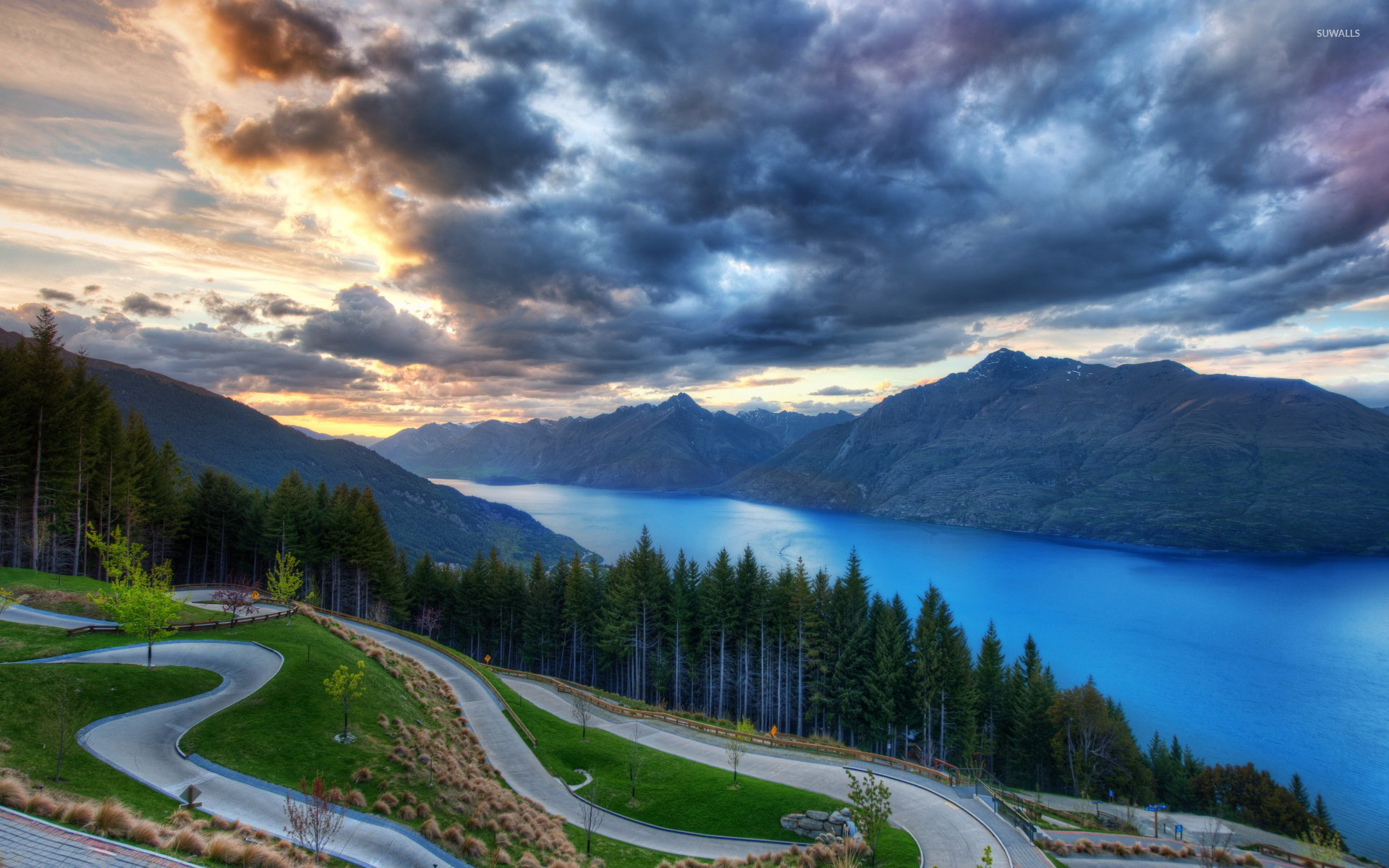 General 1920x1200 nature landscape lake turquoise trees mountains clouds sunset road