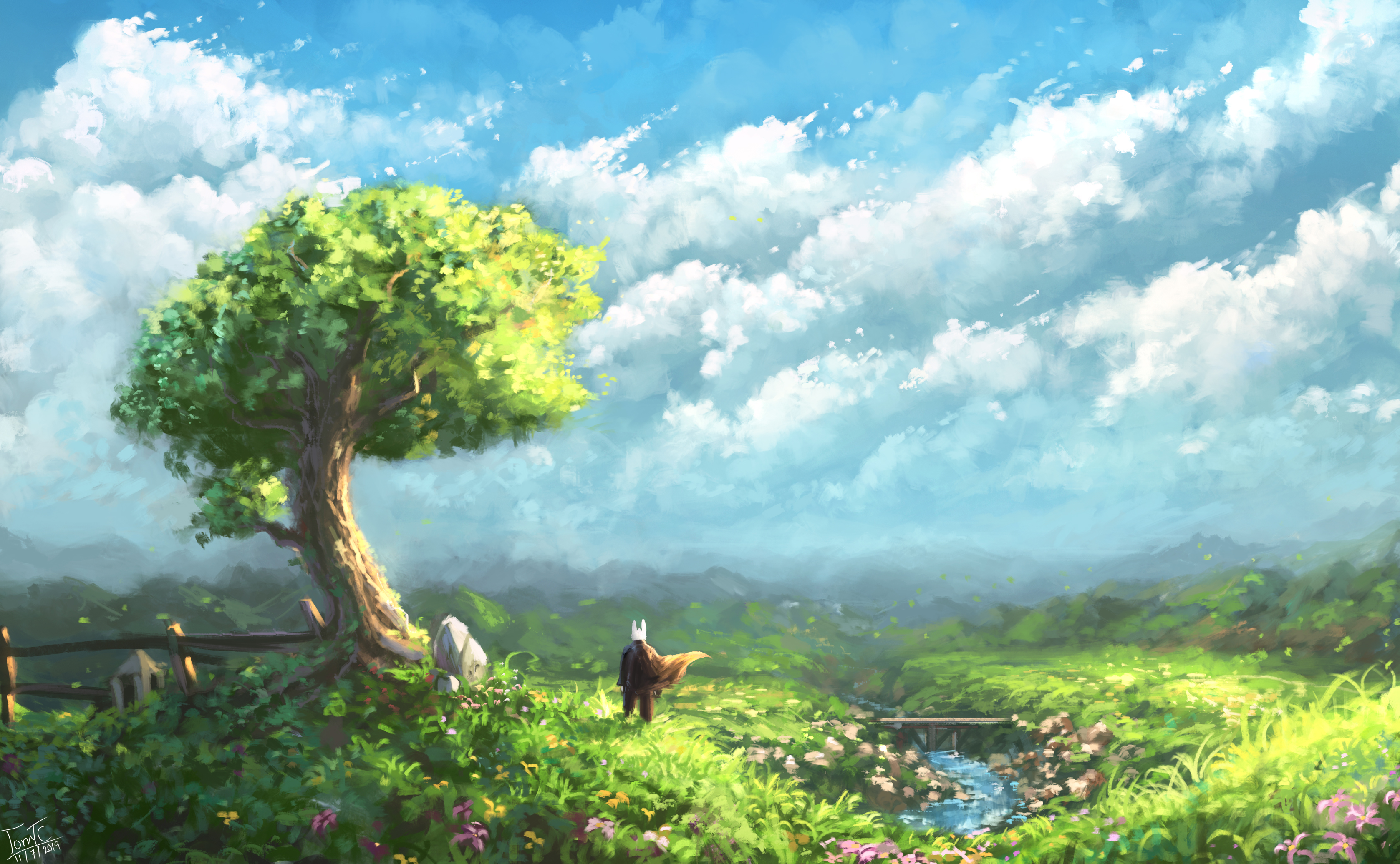 General 3355x2072 digital art artwork drawing digital painting nature landscape trees wood clouds green blue white rabbits silhouette water sky skyscape river rocks pasture environment concept art illustration Tommy Chandra