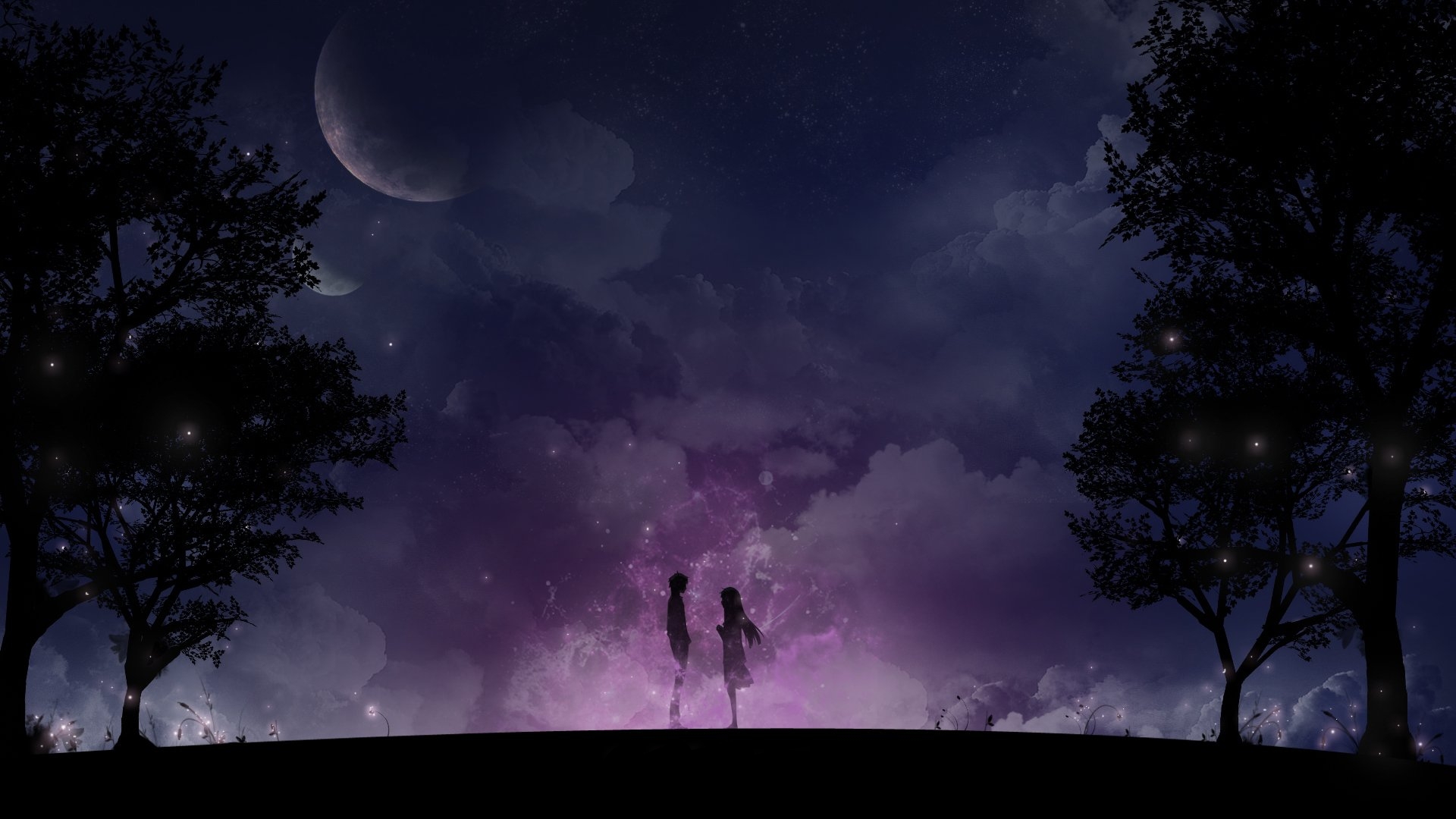 Anime 1920x1080 love couple night Moon clouds mist