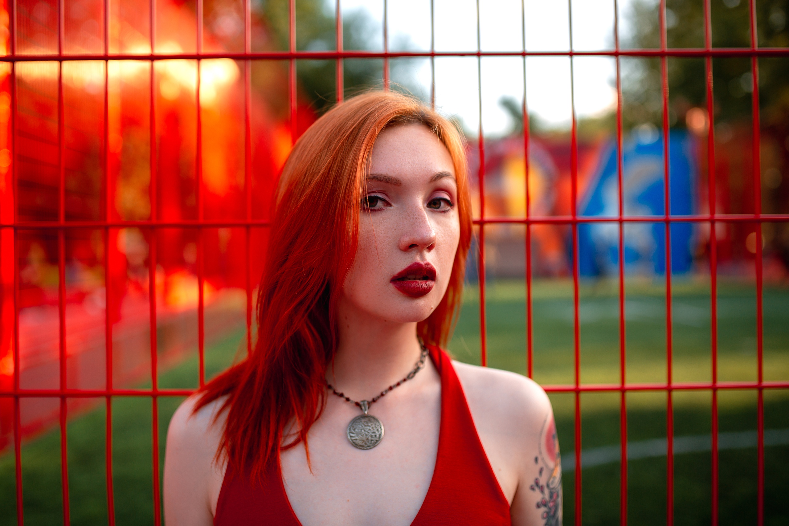 People 2560x1707 women redhead long hair model freckles looking at viewer red lipstick face portrait depth of field necklace cleavage tattoo inked girls outdoors women outdoors Mikhail Shvetsov