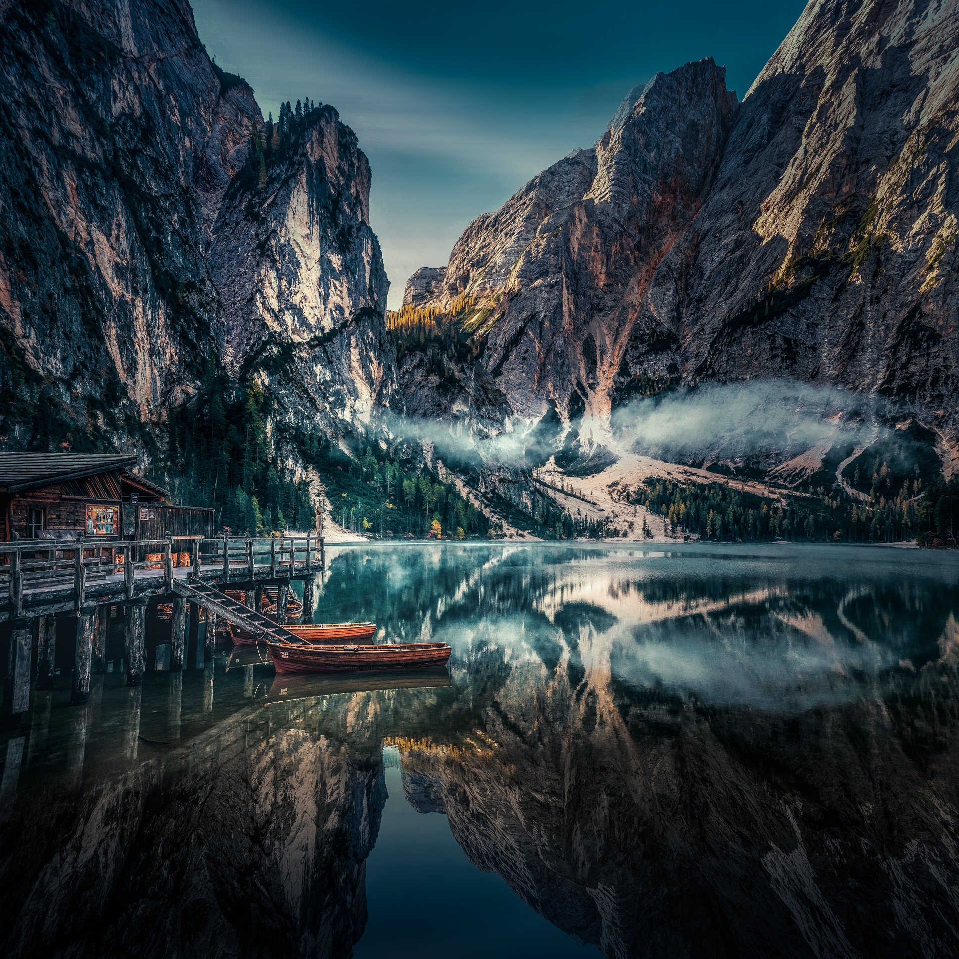 General 1920x1920 nature lake mountains boat reflection snow trees forest Pragser Wildsee