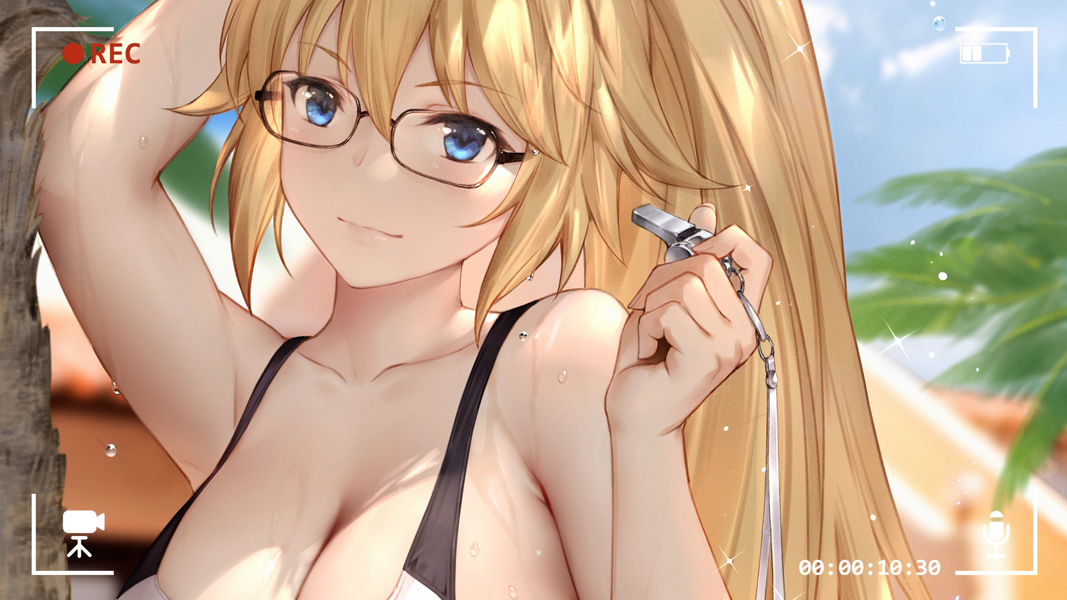 Anime 2200x1238 Jeanne d'Arc (Fate) blonde blue eyes long hair cleavage ponytail glasses wet