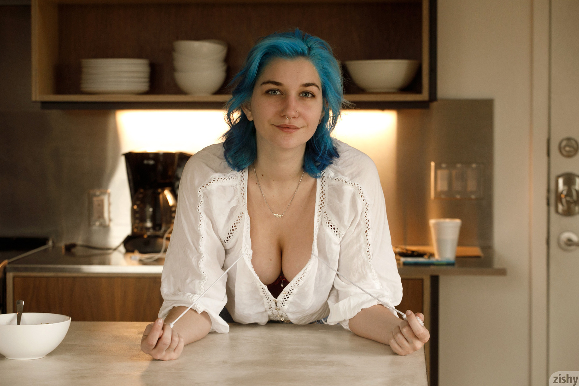 People 1920x1280 Skye Blue women blue hair looking at viewer big boobs Zishy model white shirt open clothes no bra cleavage boobs kitchen smiling women indoors American women watermarked